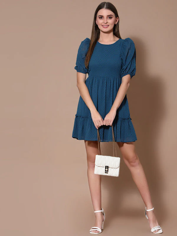 Women Teal Odour Free Round Neck Mini Dress - Image 6