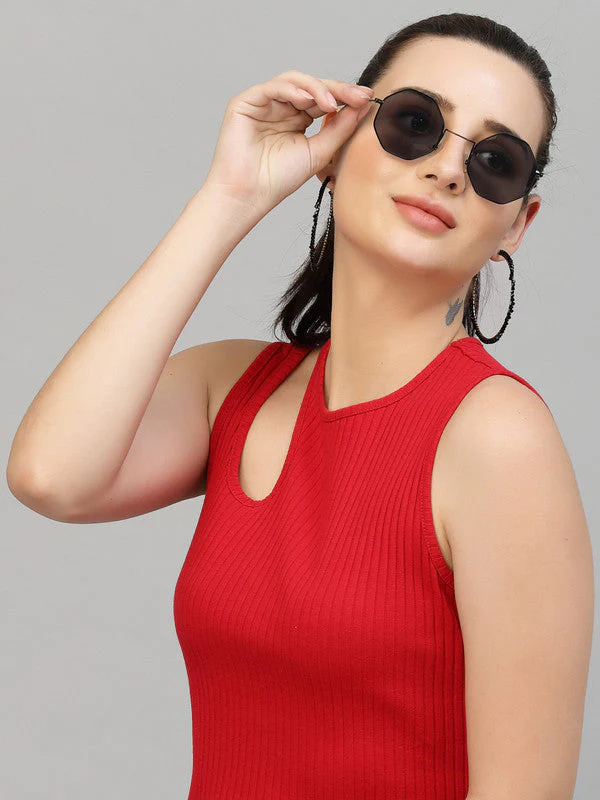 Women Red Odour Free Cut Out Tank Top - Image 5