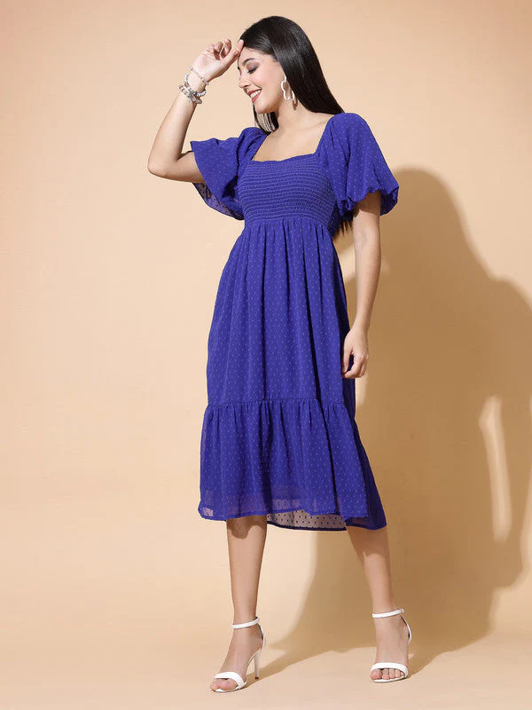 Women Blue Odour Free Midi Dress U Neck - Image 2