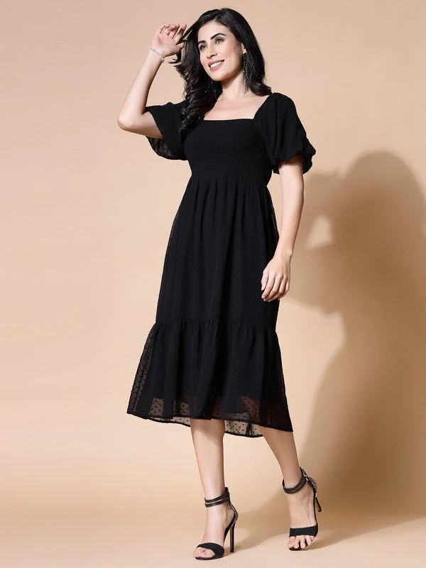 Women Black Odour Free Midi Dress U Neck - Image 2