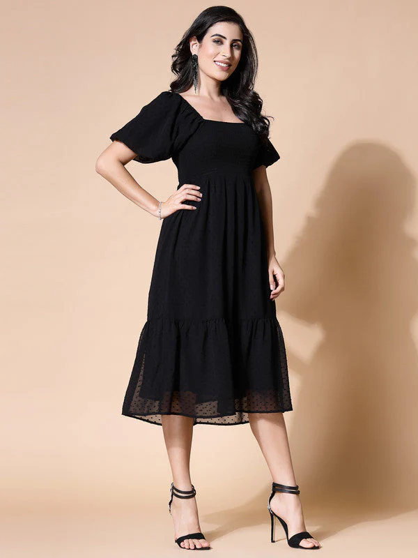 Women Black Odour Free Midi Dress U Neck - Image 3
