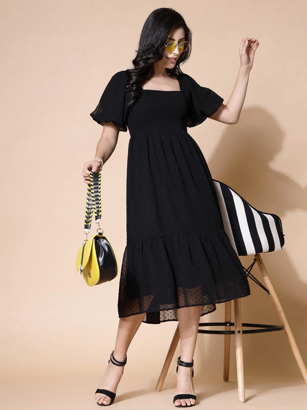 Women Black Odour Free Midi Dress U Neck - Image 5