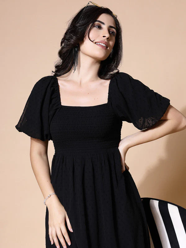 Women Black Odour Free Midi Dress U Neck - Image 6