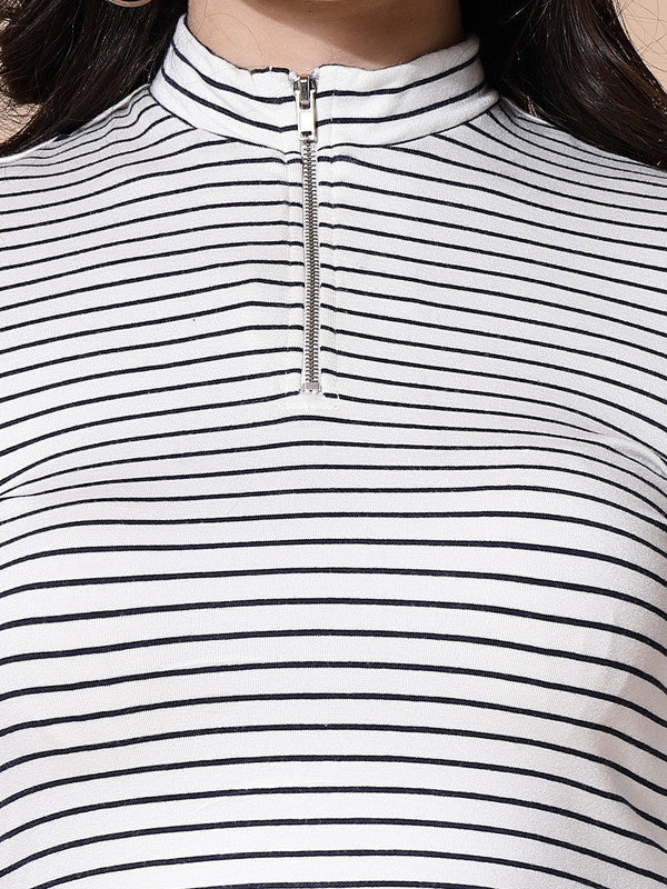 Women White Odour Free Zip Front Stripe Top - Image 4