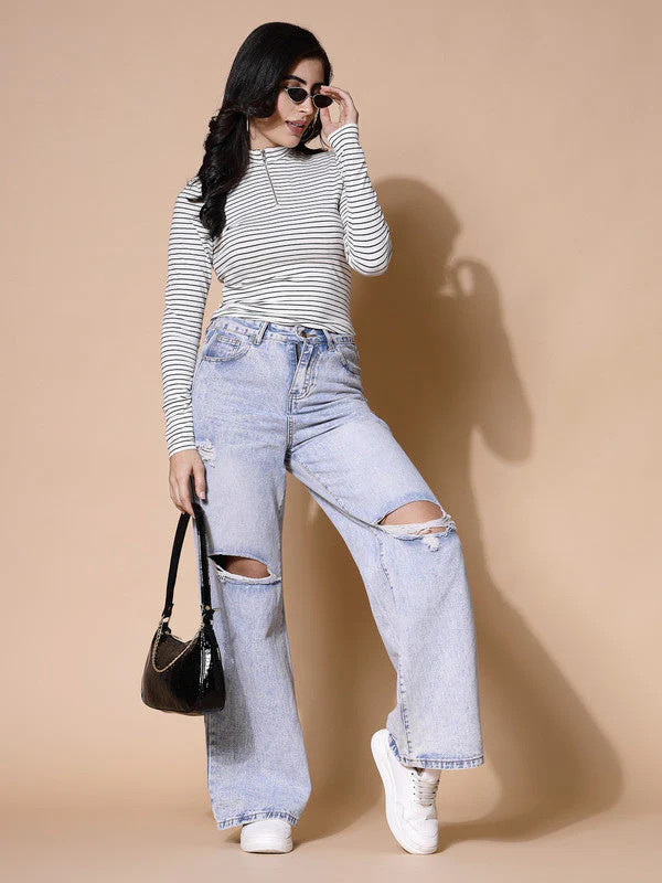 Women White Odour Free Zip Front Stripe Top - Image 5