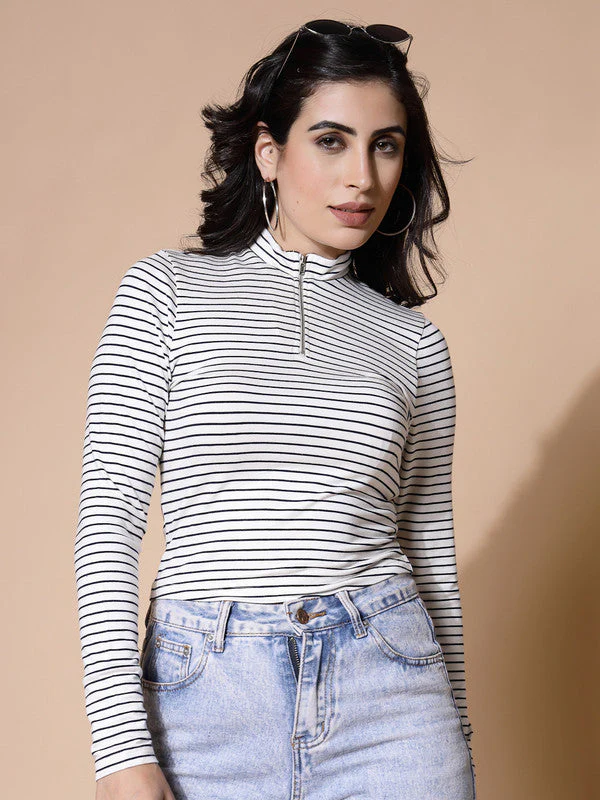 Women White Odour Free Zip Front Stripe Top - Image 6