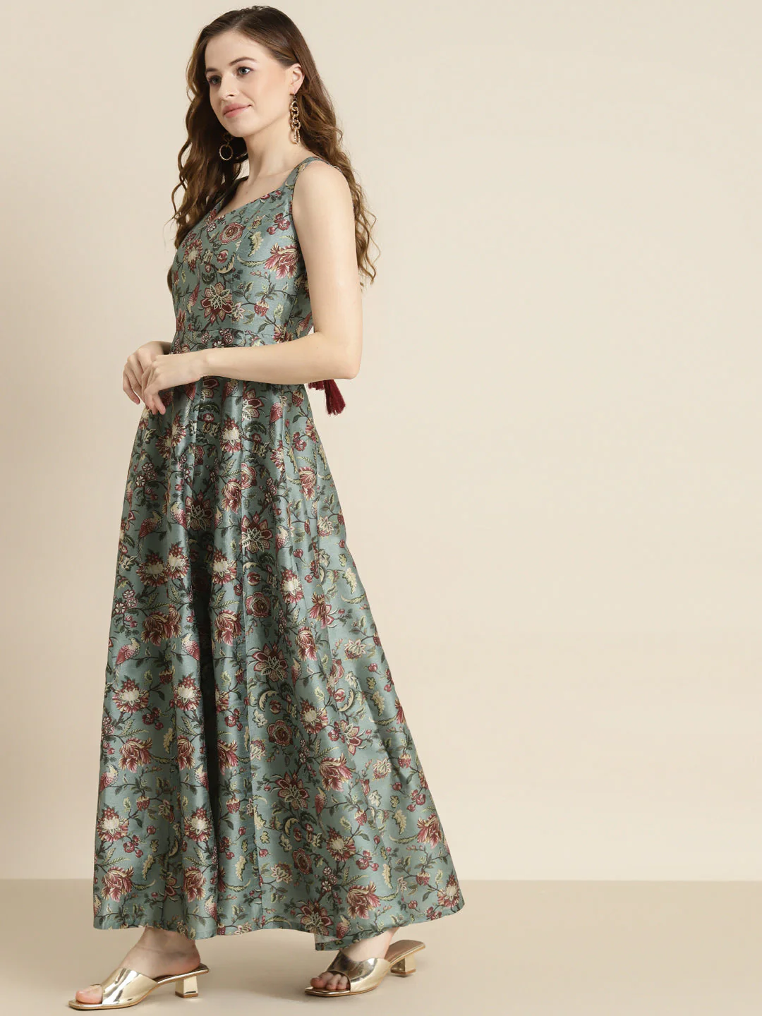 Olive Floral Sweetheart Anarkali Maxi Dress - Image 3