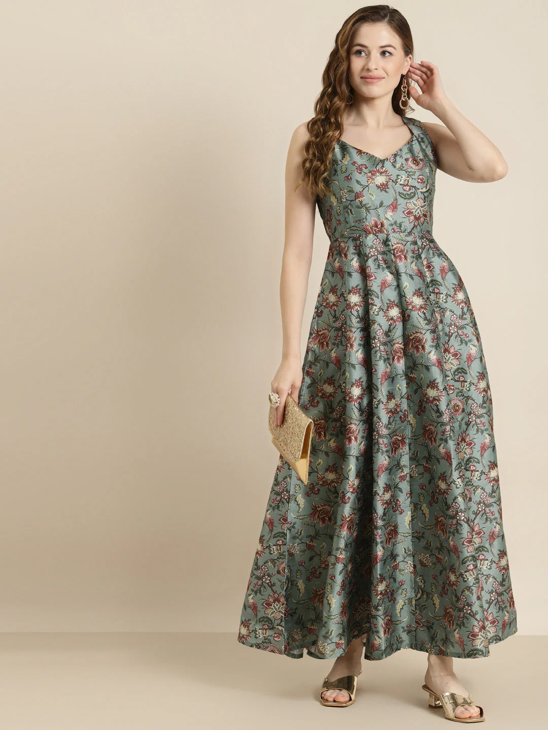 Olive Floral Sweetheart Anarkali Maxi Dress - Image 5