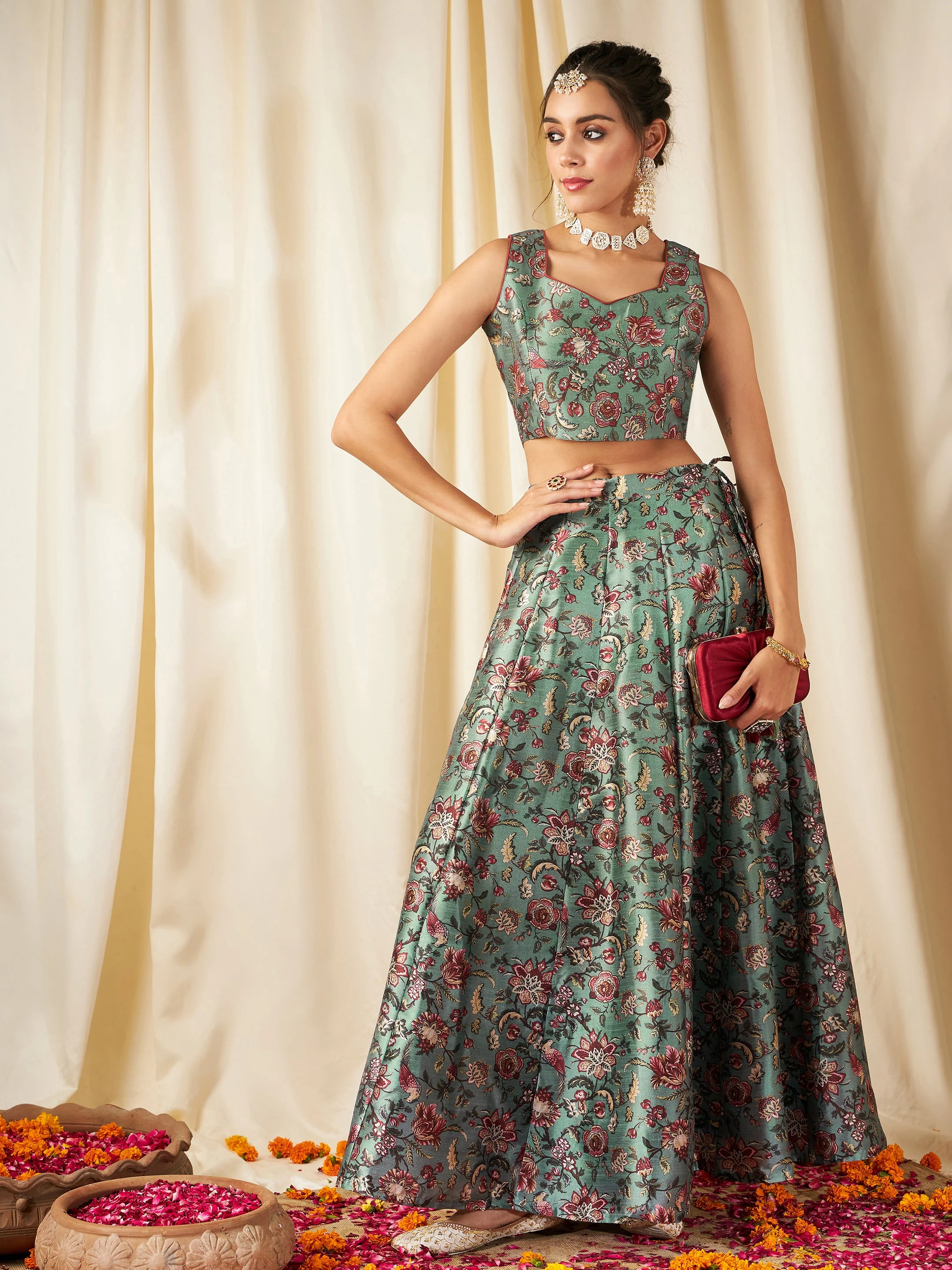 Olive Floral Sweetheart Neck Crop Top - Image 2