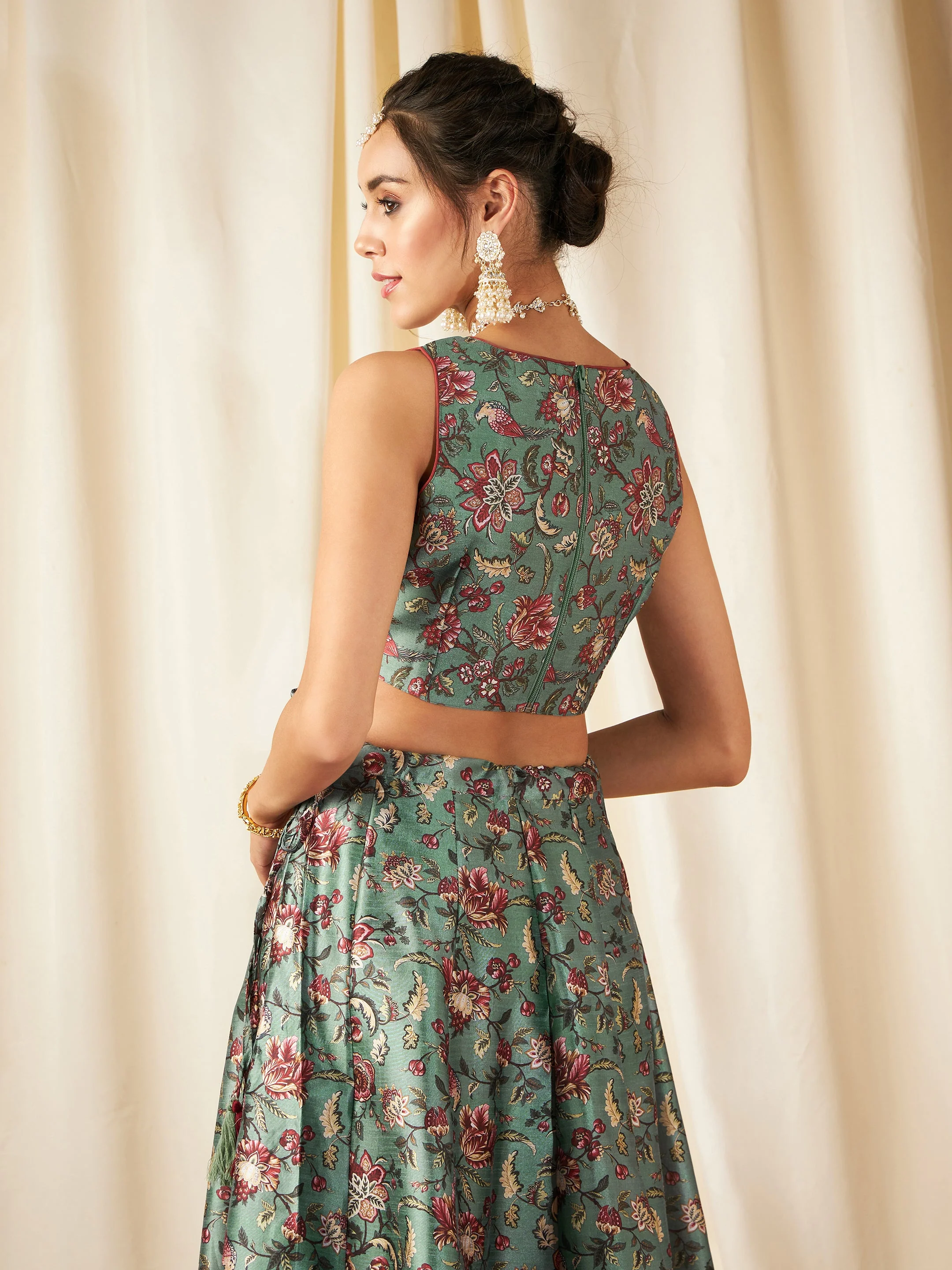 Olive Floral Sweetheart Neck Crop Top - Image 5