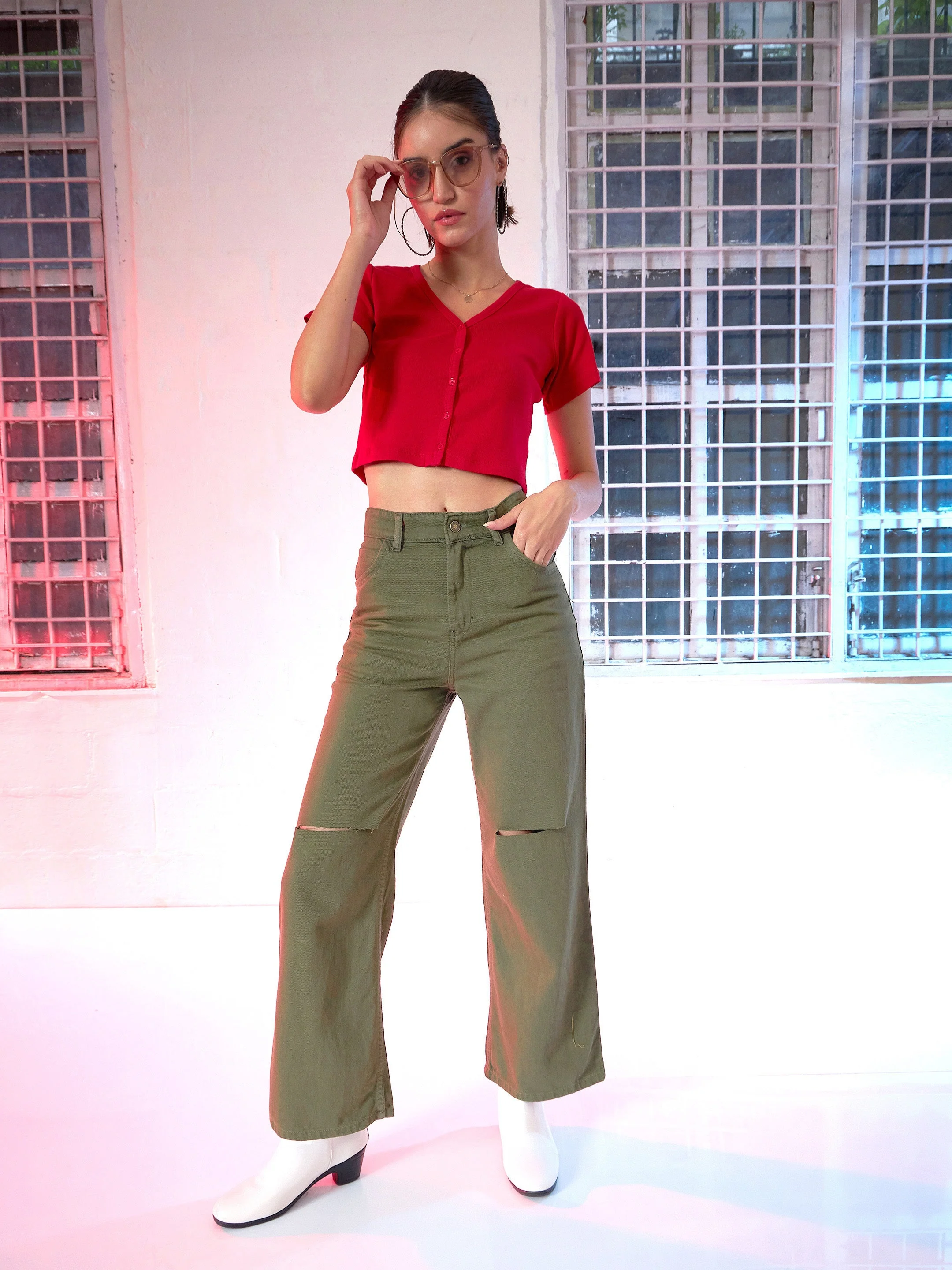 Women Olive Wide Leg Mid Rise Knee-Slit Jeans - Image 2