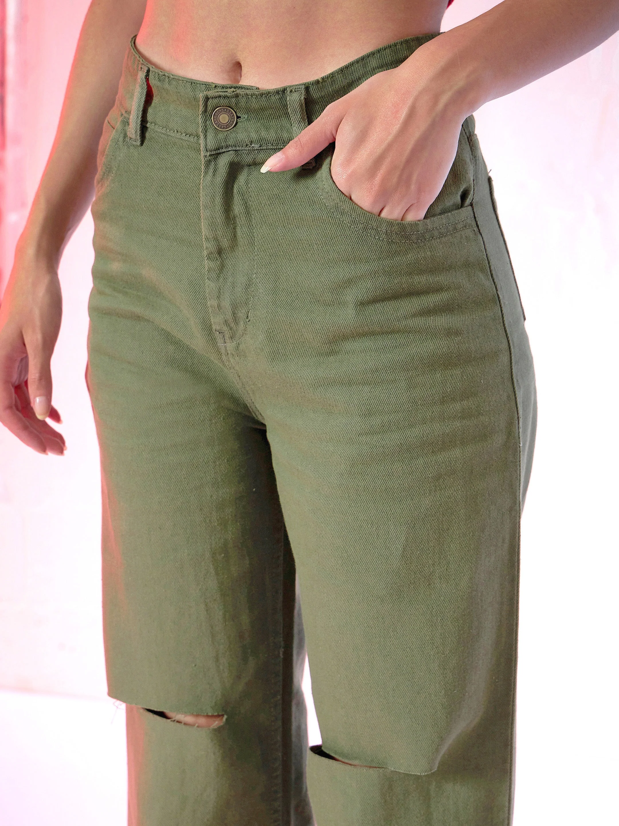 Women Olive Wide Leg Mid Rise Knee-Slit Jeans - Image 4