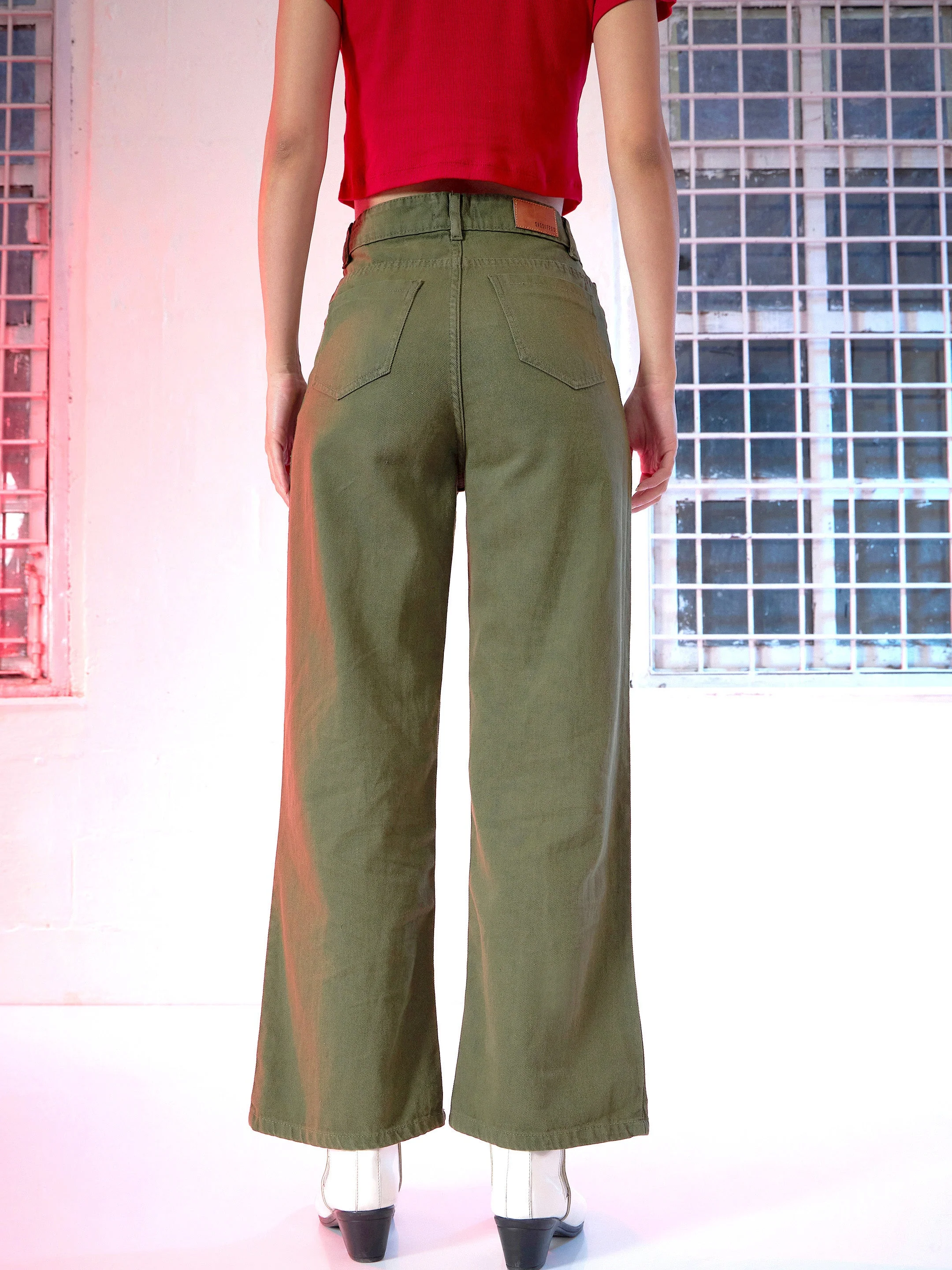 Women Olive Wide Leg Mid Rise Knee-Slit Jeans - Image 5