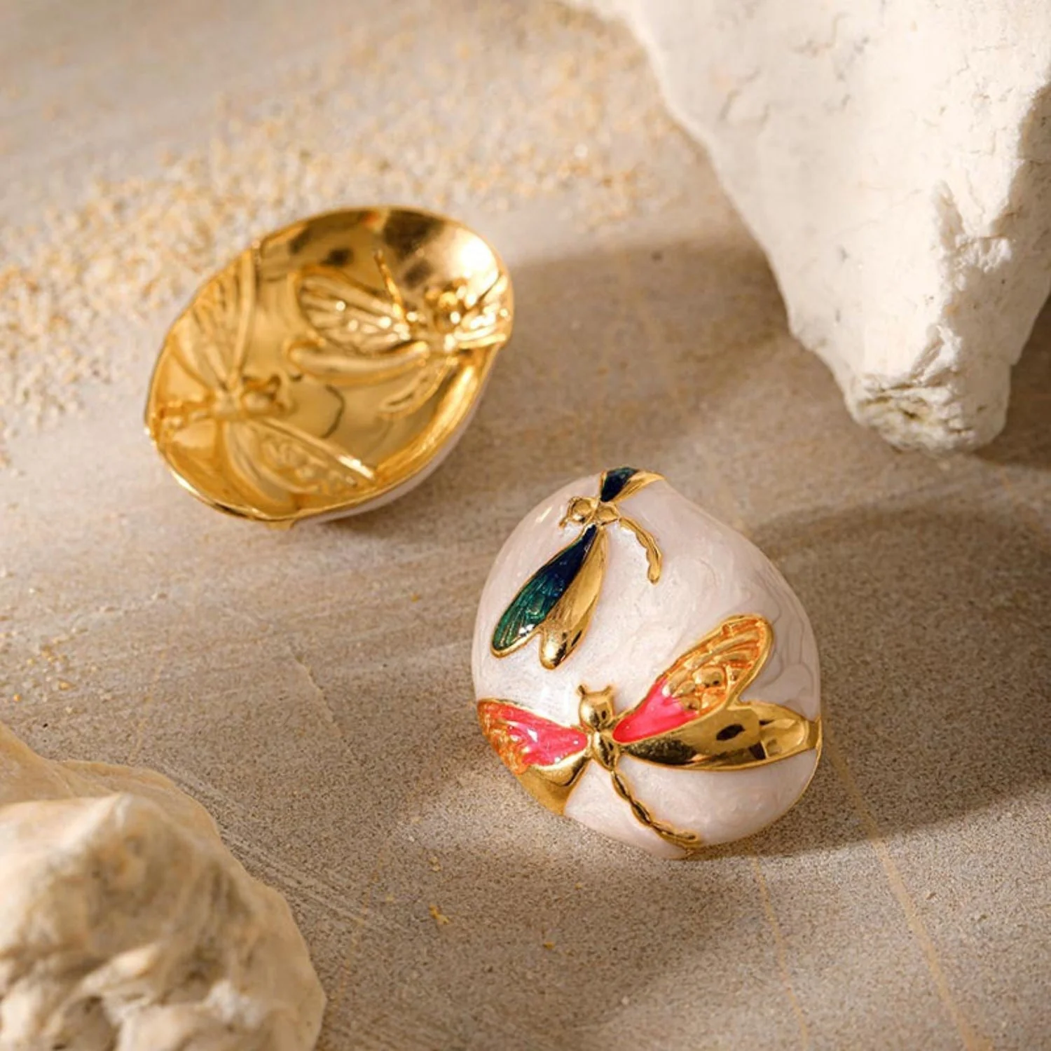 Orange Dragonfly Oval Shaped White Stud Earring