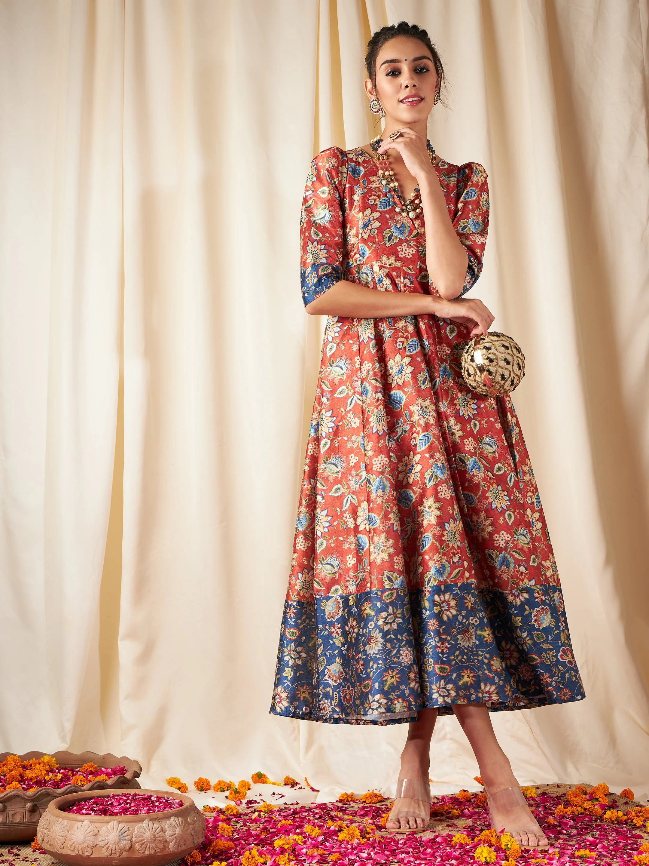 Orange Floral Wrap Anarkali Maxi Dress - Image 2