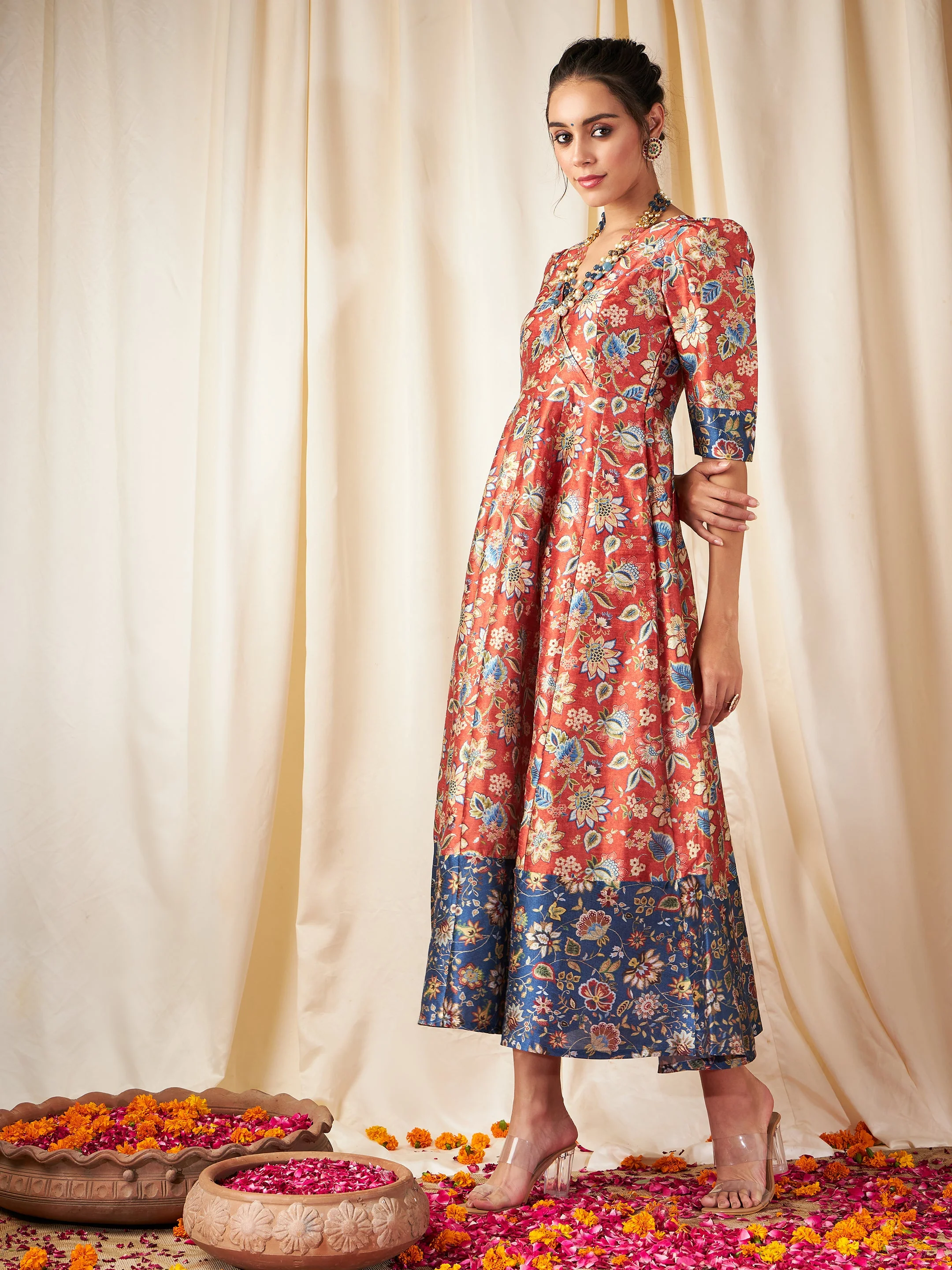 Orange Floral Wrap Anarkali Maxi Dress - Image 3