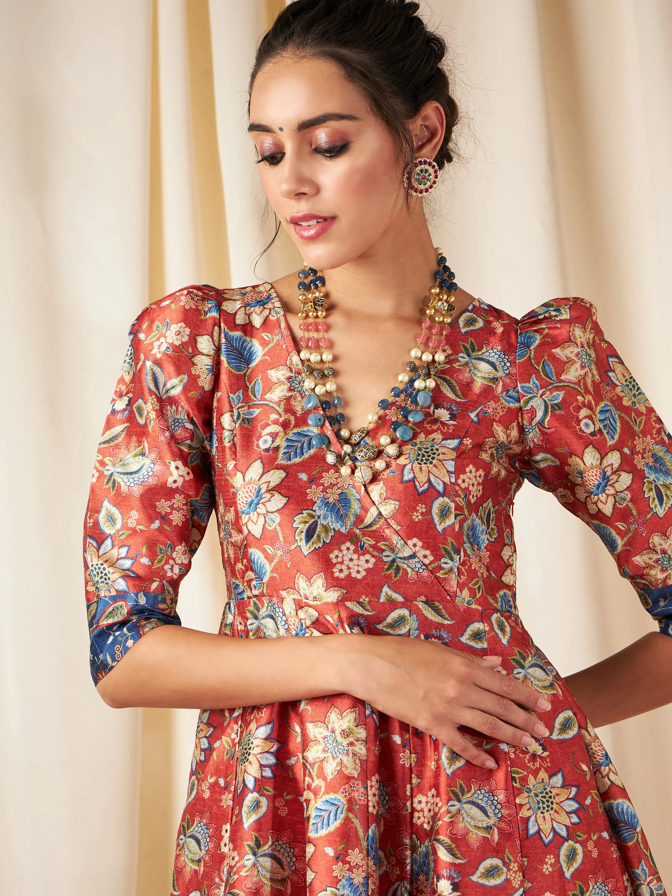 Orange Floral Wrap Anarkali Maxi Dress - Image 4