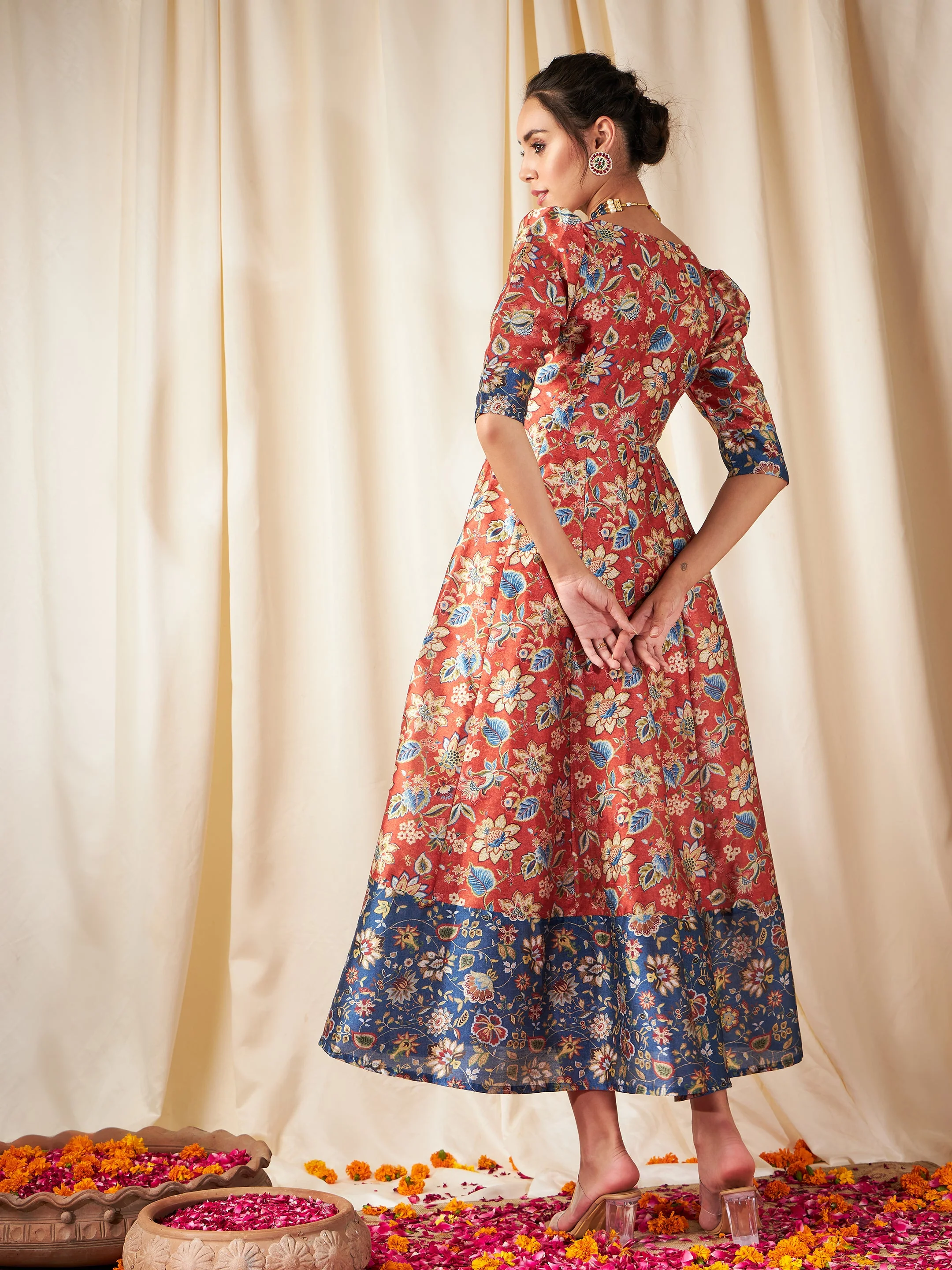 Orange Floral Wrap Anarkali Maxi Dress - Image 5