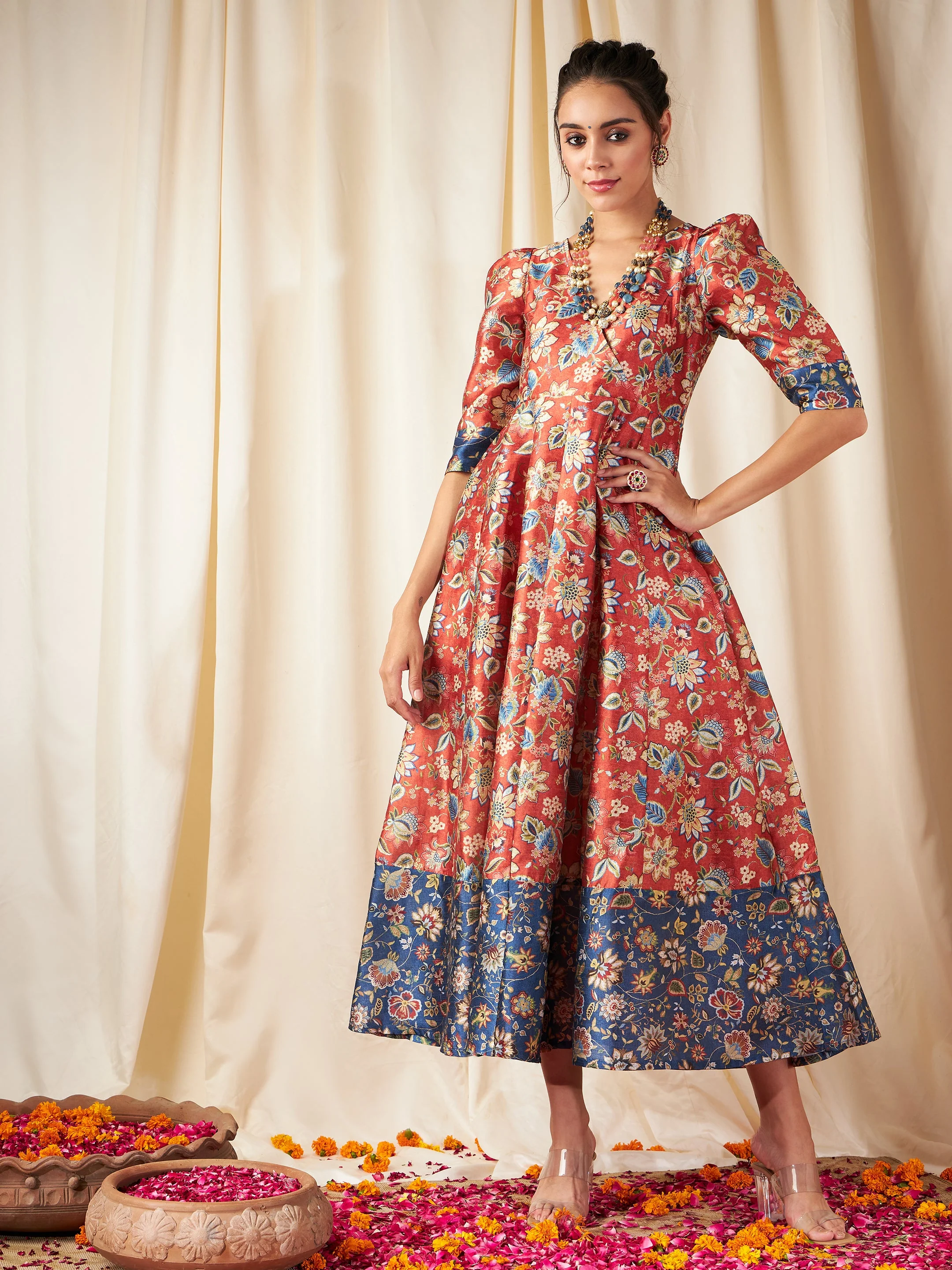 Orange Floral Wrap Anarkali Maxi Dress - Image 6