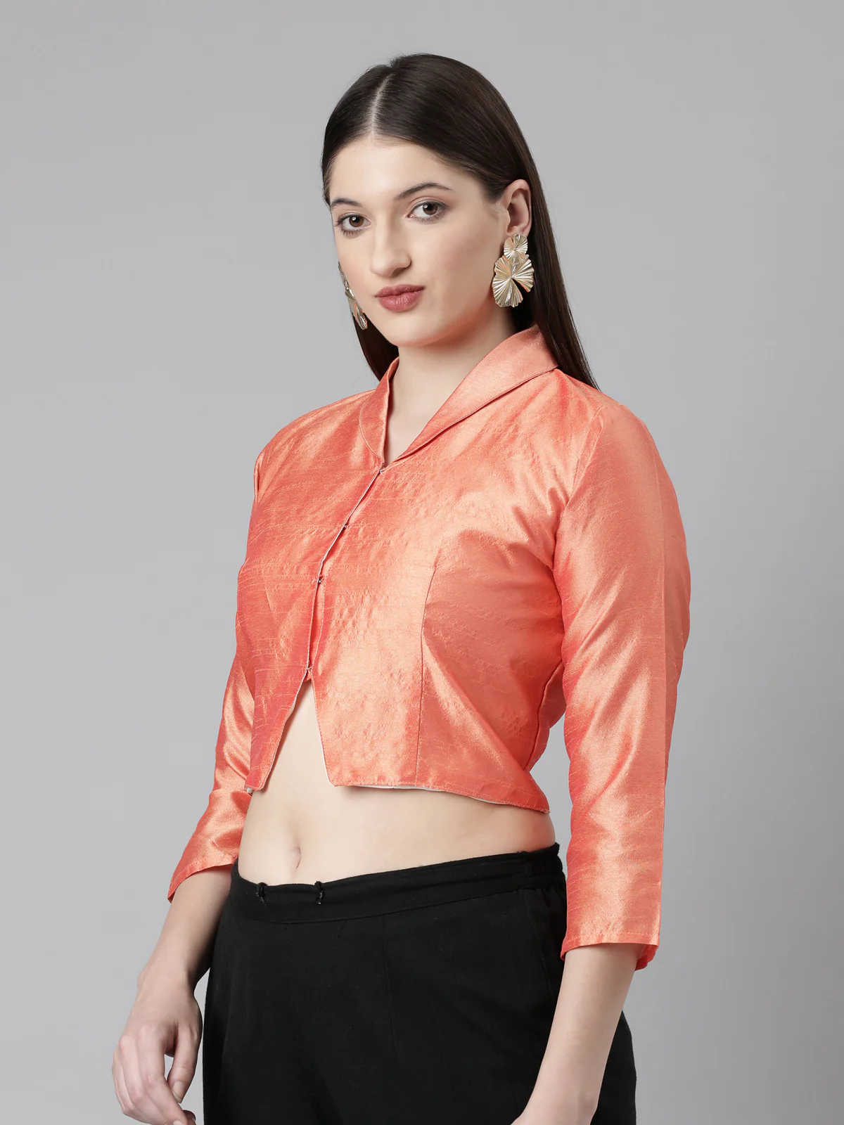 Orange Solid Three-Quarter Sleeves Mandarin Collar Dupion Silk Knot Blouse - Image 3