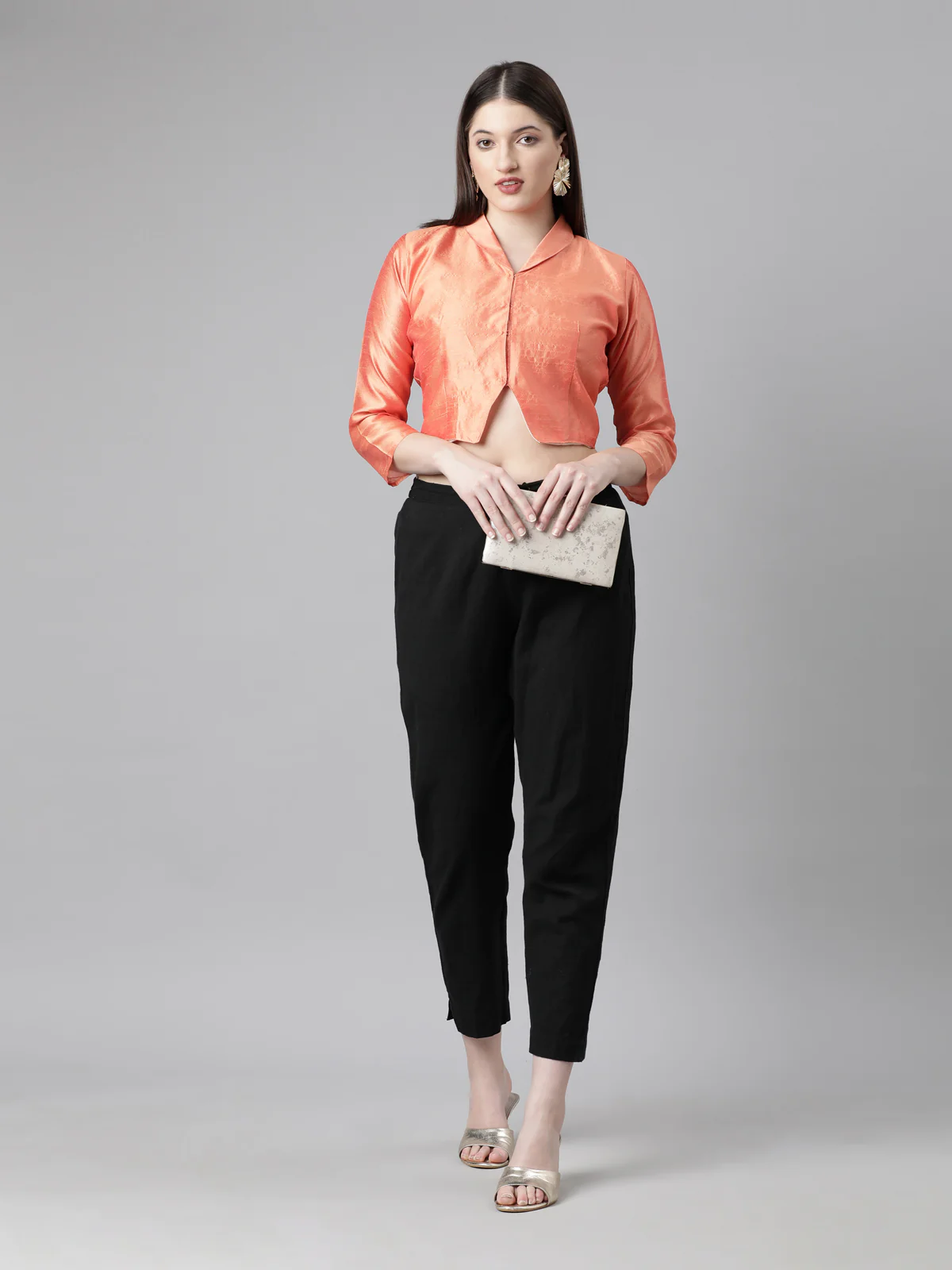 Orange Solid Three-Quarter Sleeves Mandarin Collar Dupion Silk Knot Blouse - Image 6