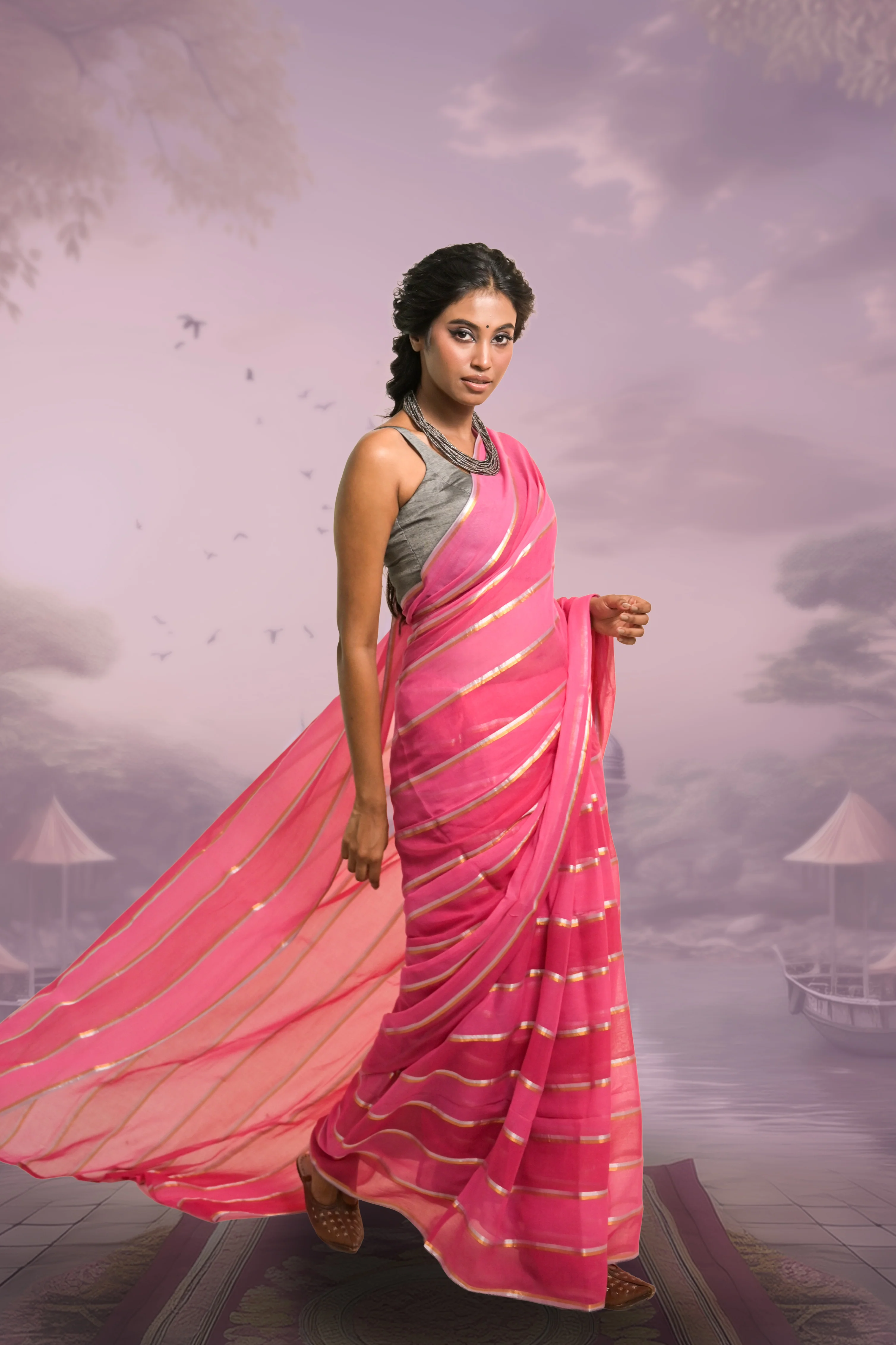 Pankhuri Red and Pink Handloom Mul Cotton Saree with Zari Stripes - Image 2