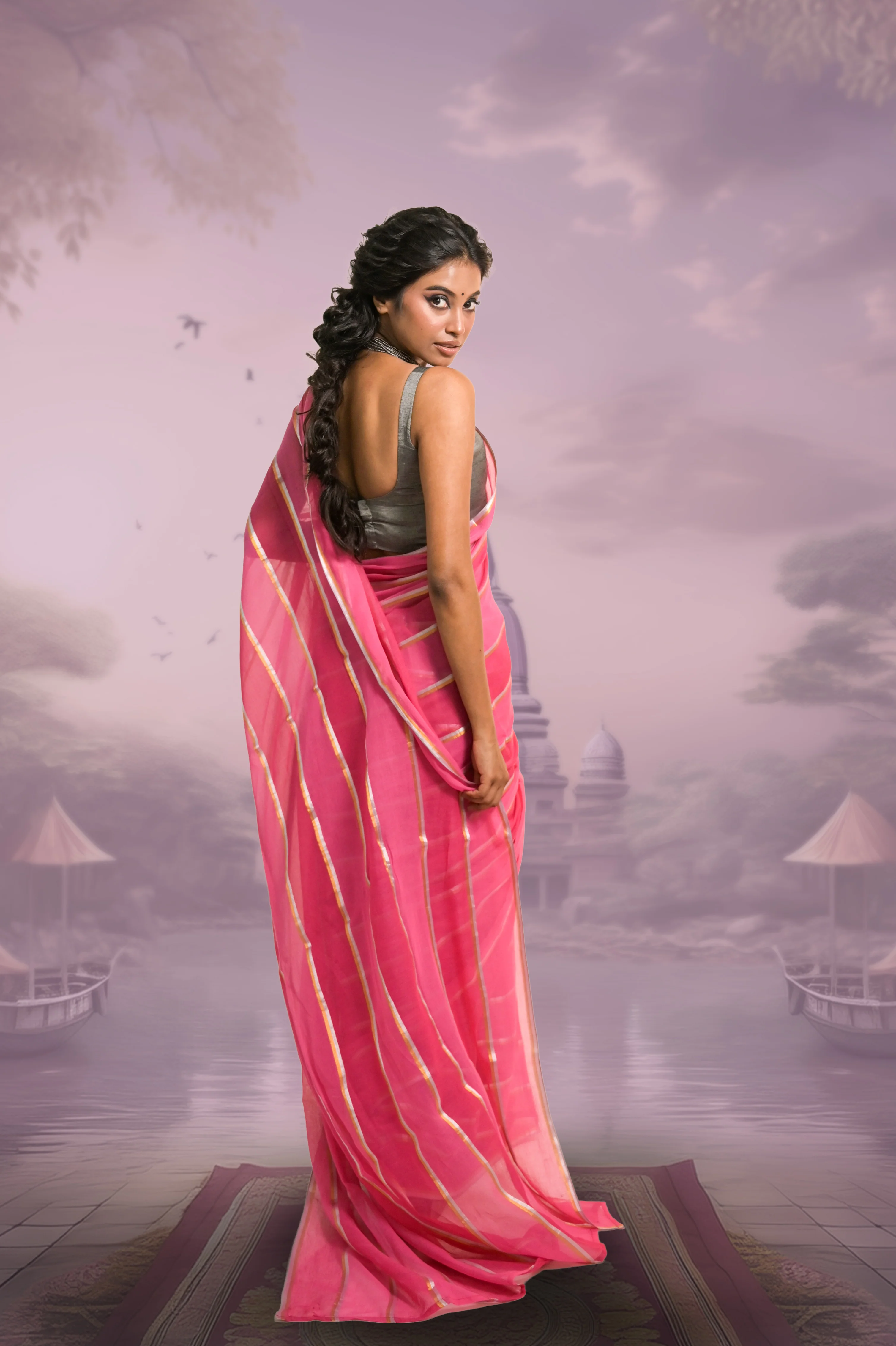 Pankhuri Red and Pink Handloom Mul Cotton Saree with Zari Stripes - Image 3