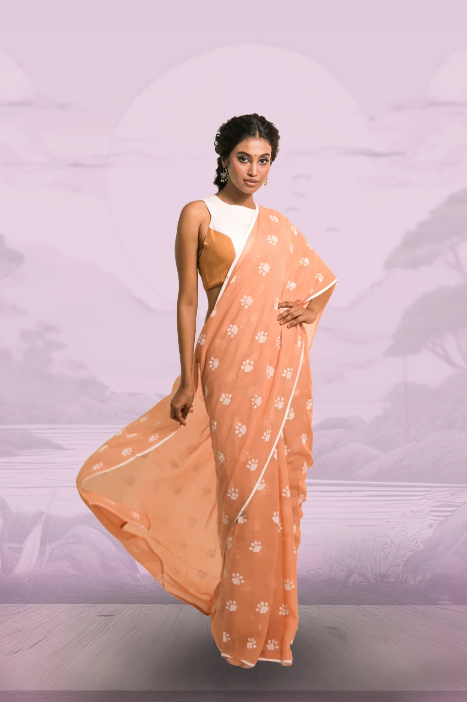 Paw-radise Mocha Handloom Mul Cotton Saree with Handblock-Printed Paw Motifs - Image 2