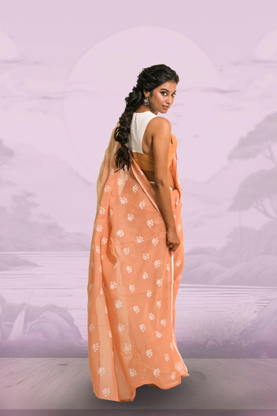 Paw-radise Mocha Handloom Mul Cotton Saree with Handblock-Printed Paw Motifs - Image 3