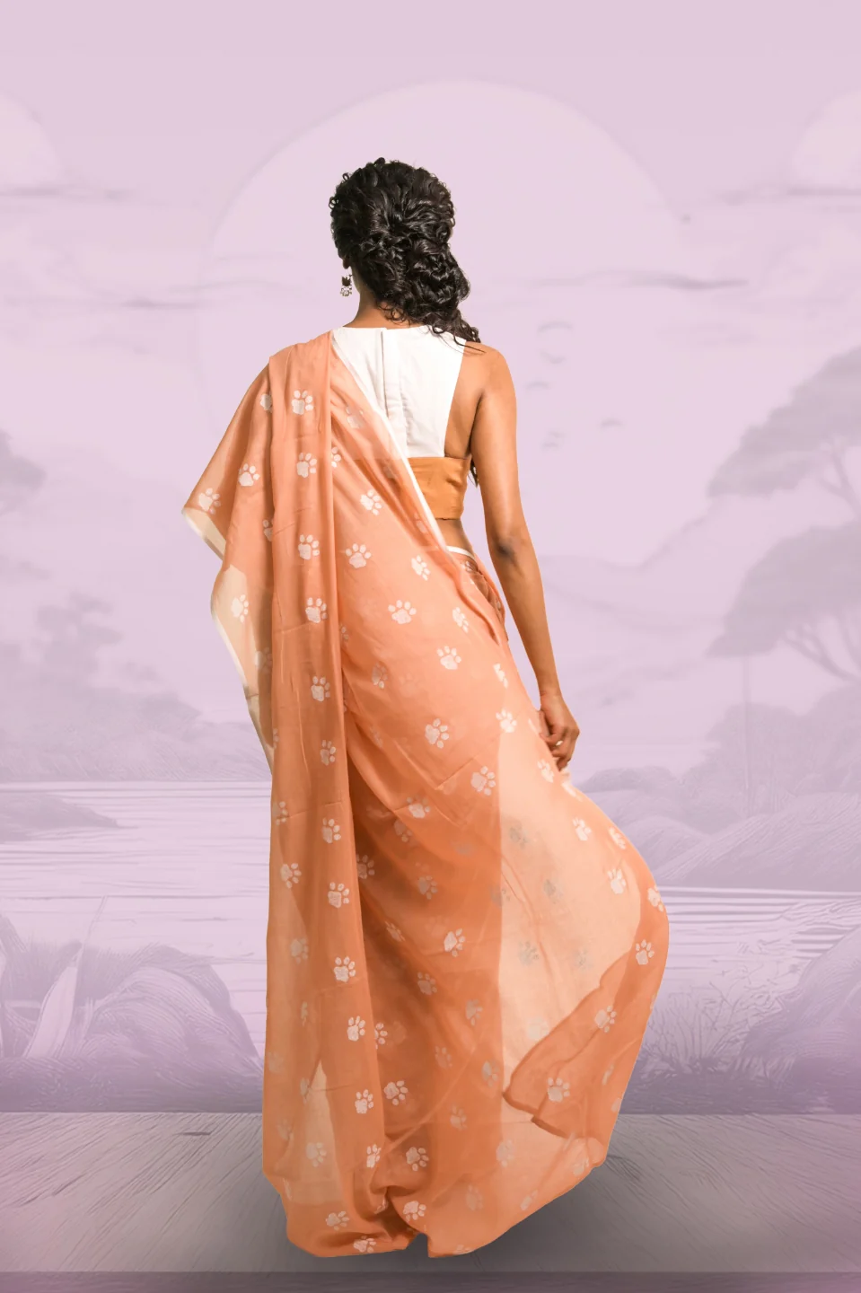 Paw-radise Mocha Handloom Mul Cotton Saree with Handblock-Printed Paw Motifs - Image 4