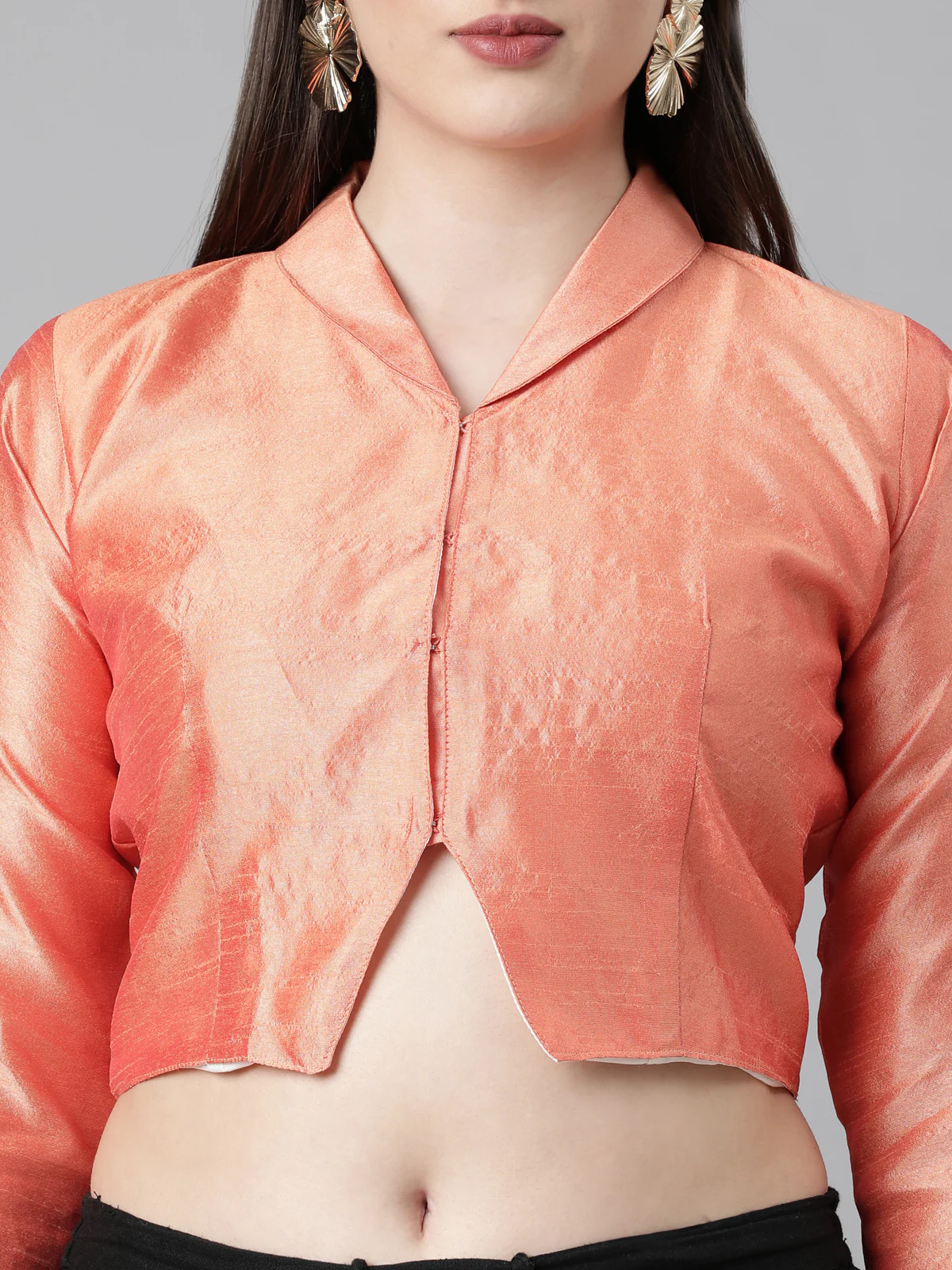 Peach Solid Three-Quarter Sleeves Mandarin Collar Dupion Silk Knot Blouse - Image 2