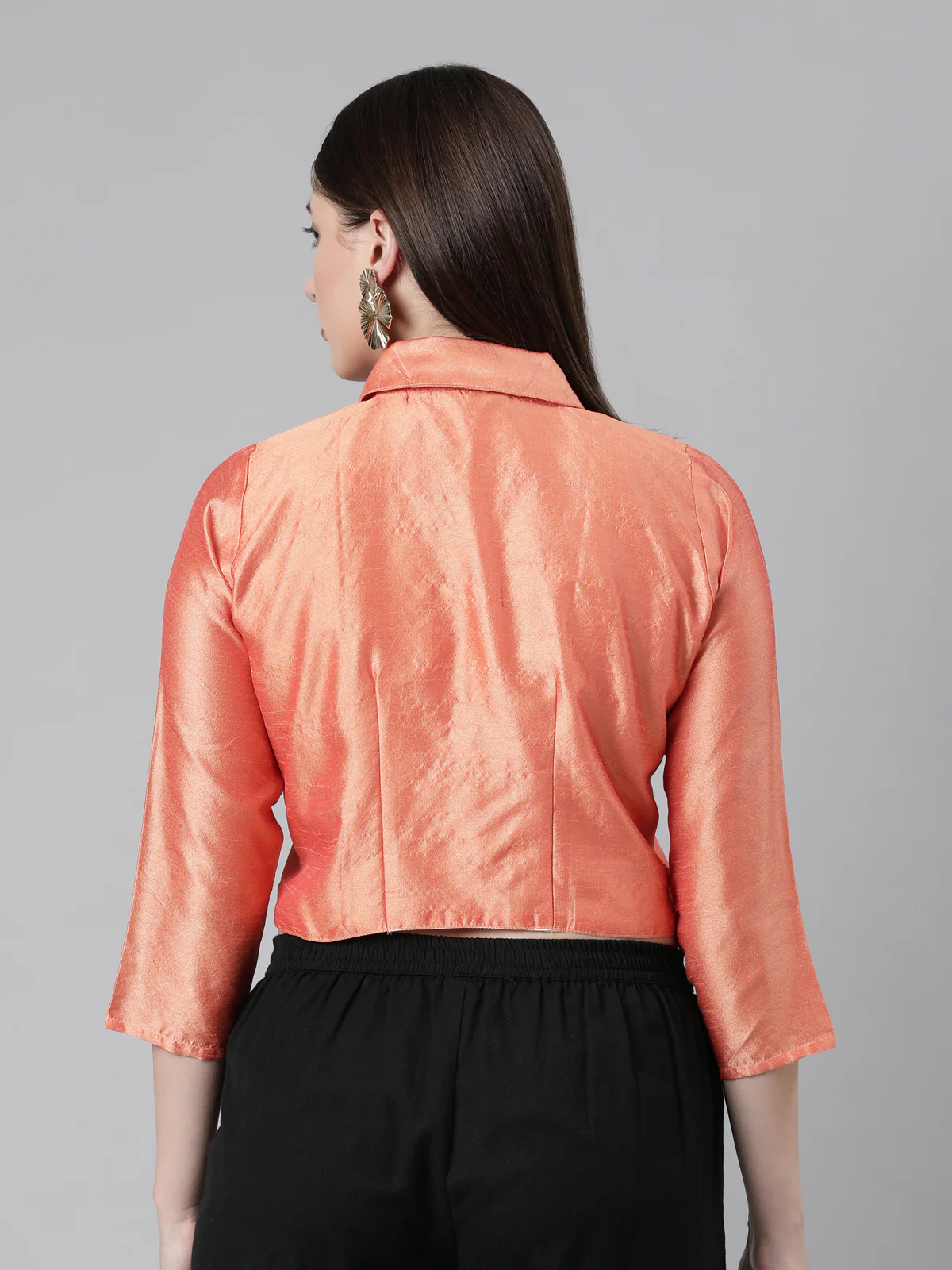 Peach Solid Three-Quarter Sleeves Mandarin Collar Dupion Silk Knot Blouse - Image 5
