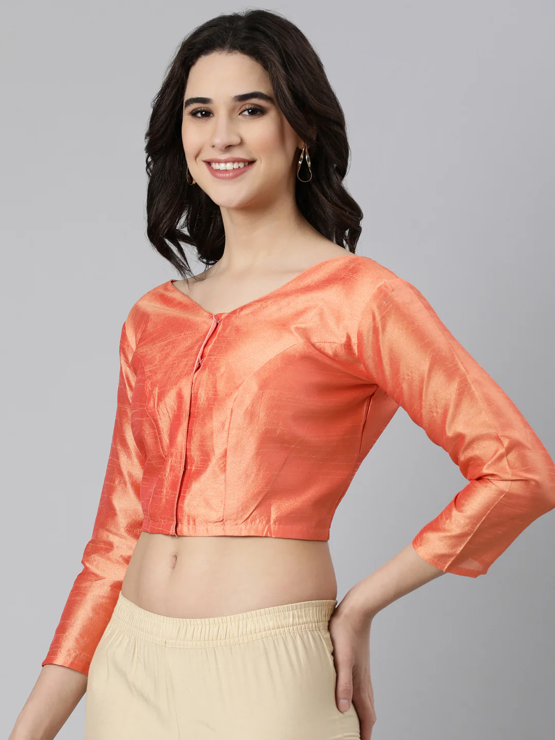 Peach Solid Three-Quarter Sleeves V-Neck Dupion Silk Knot Blouse - Image 2