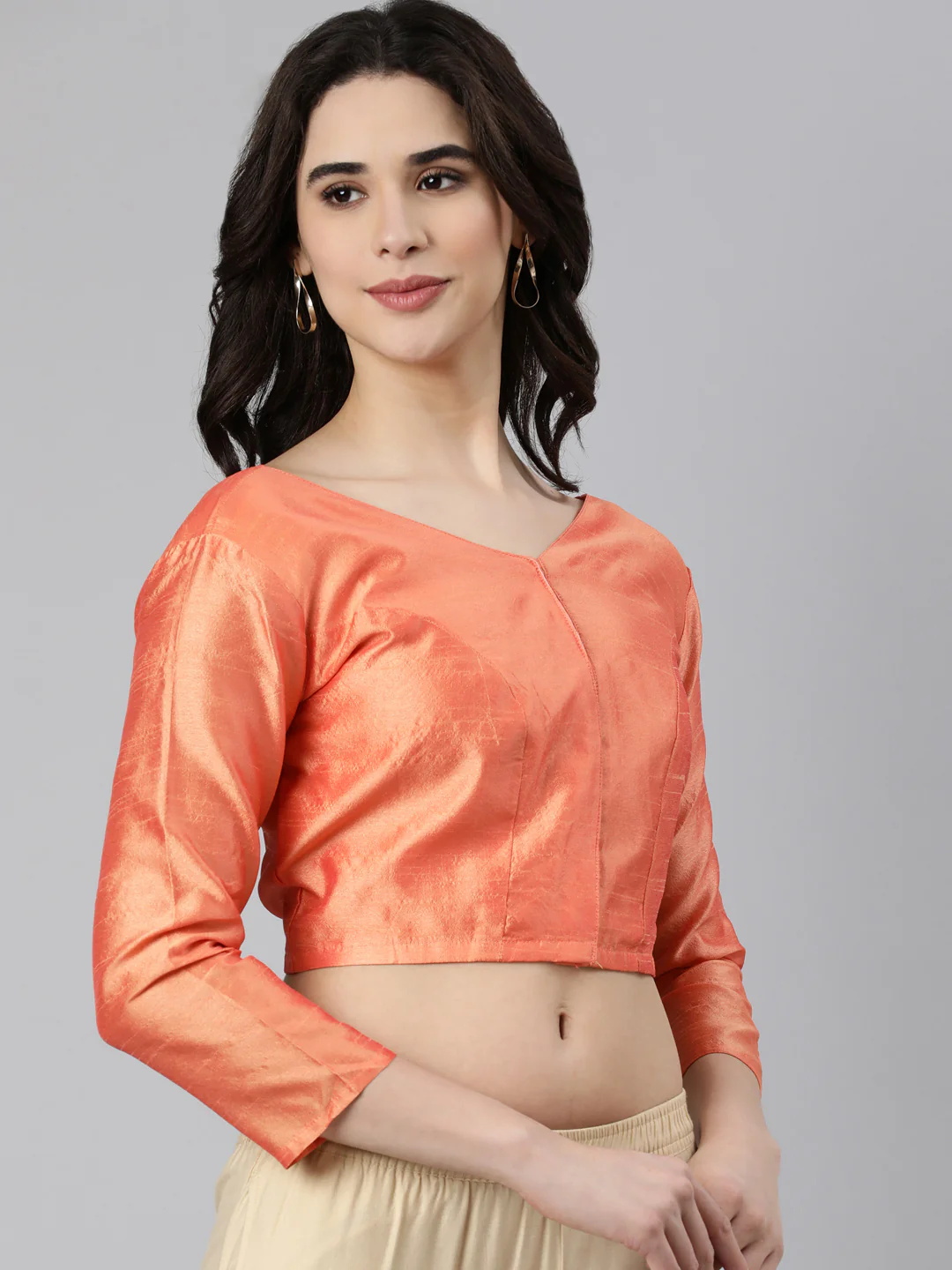 Peach Solid Three-Quarter Sleeves V-Neck Dupion Silk Knot Blouse - Image 3