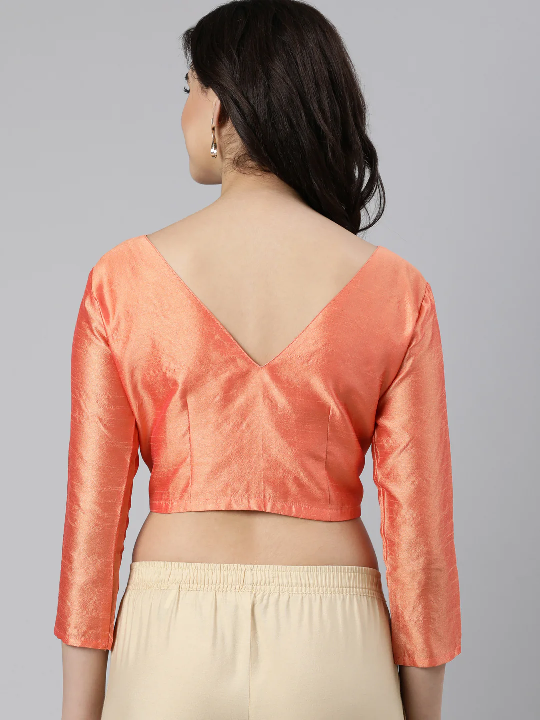 Peach Solid Three-Quarter Sleeves V-Neck Dupion Silk Knot Blouse - Image 4