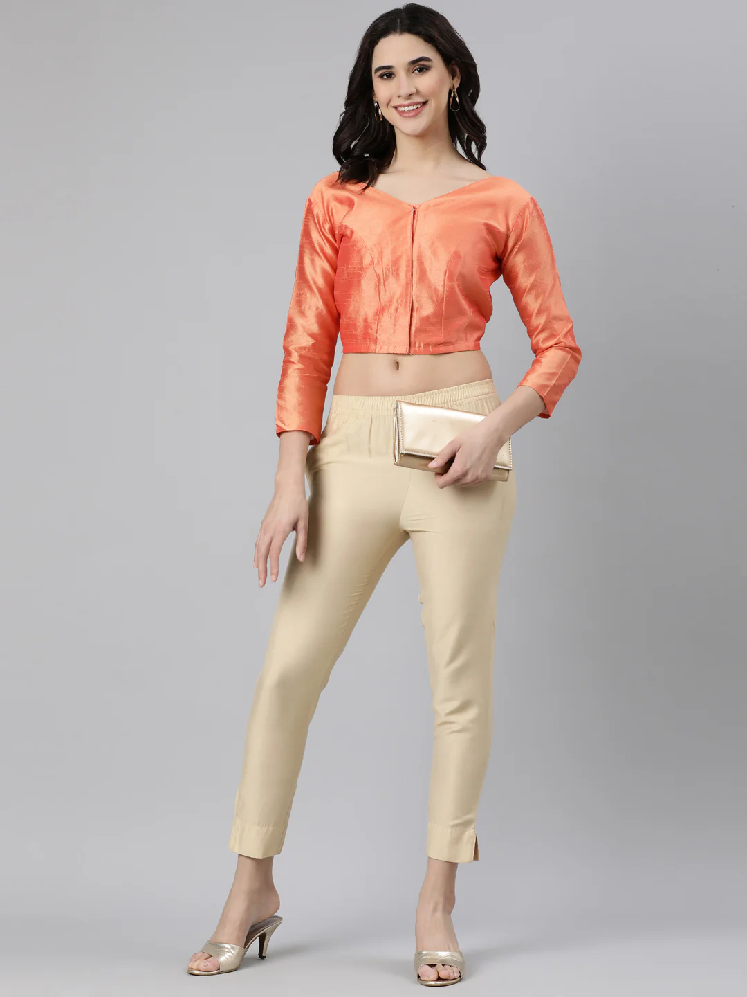 Peach Solid Three-Quarter Sleeves V-Neck Dupion Silk Knot Blouse - Image 5