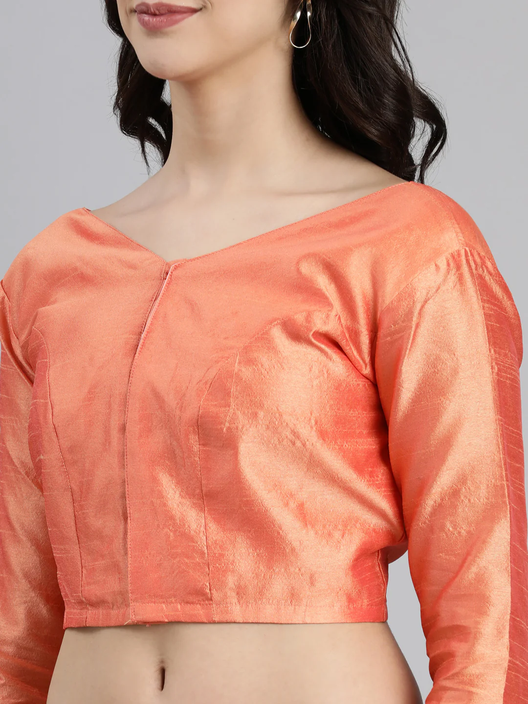 Peach Solid Three-Quarter Sleeves V-Neck Dupion Silk Knot Blouse - Image 6
