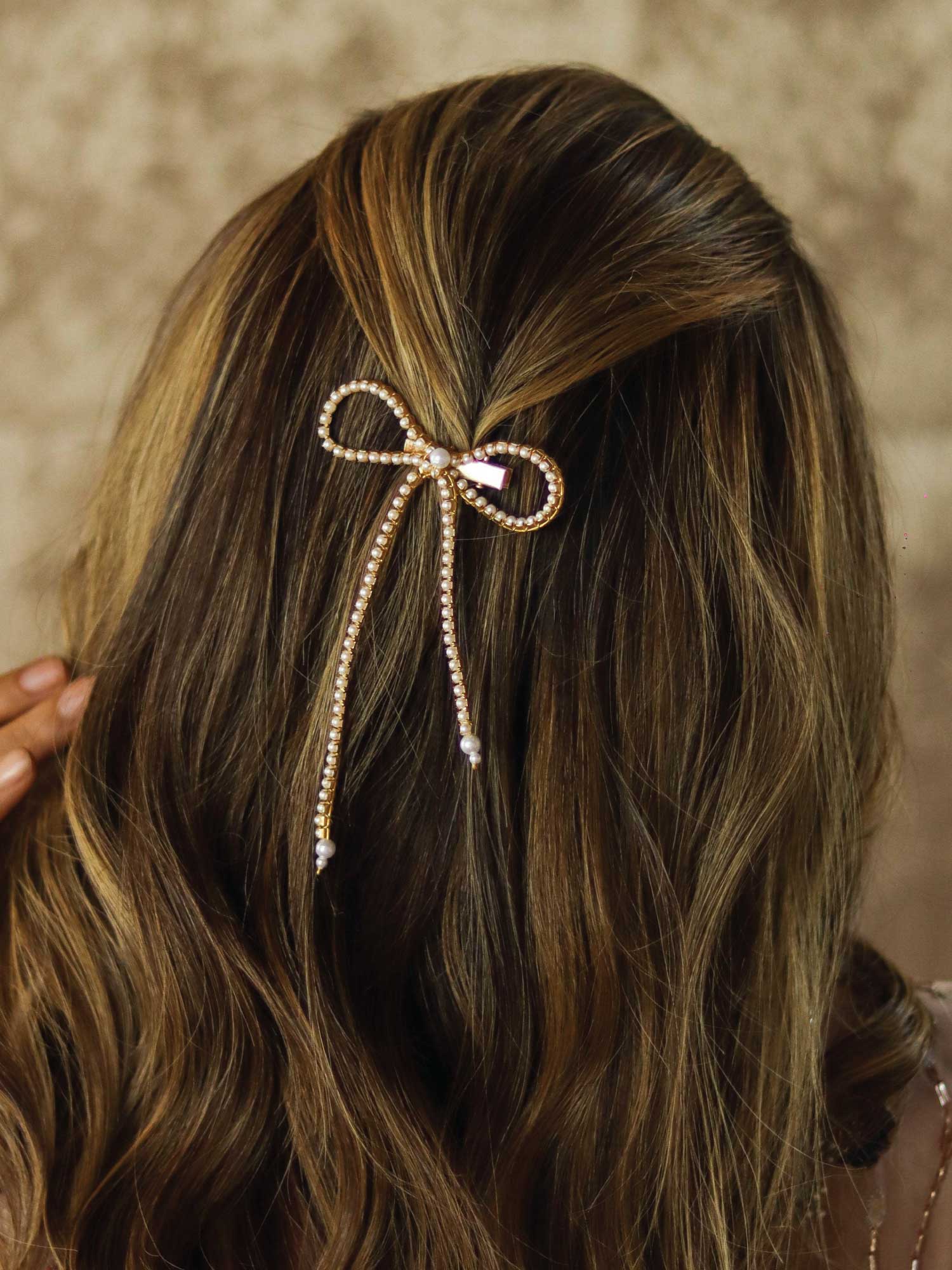 Gold Pearl Hair Bow Alligator Clip - Image 2