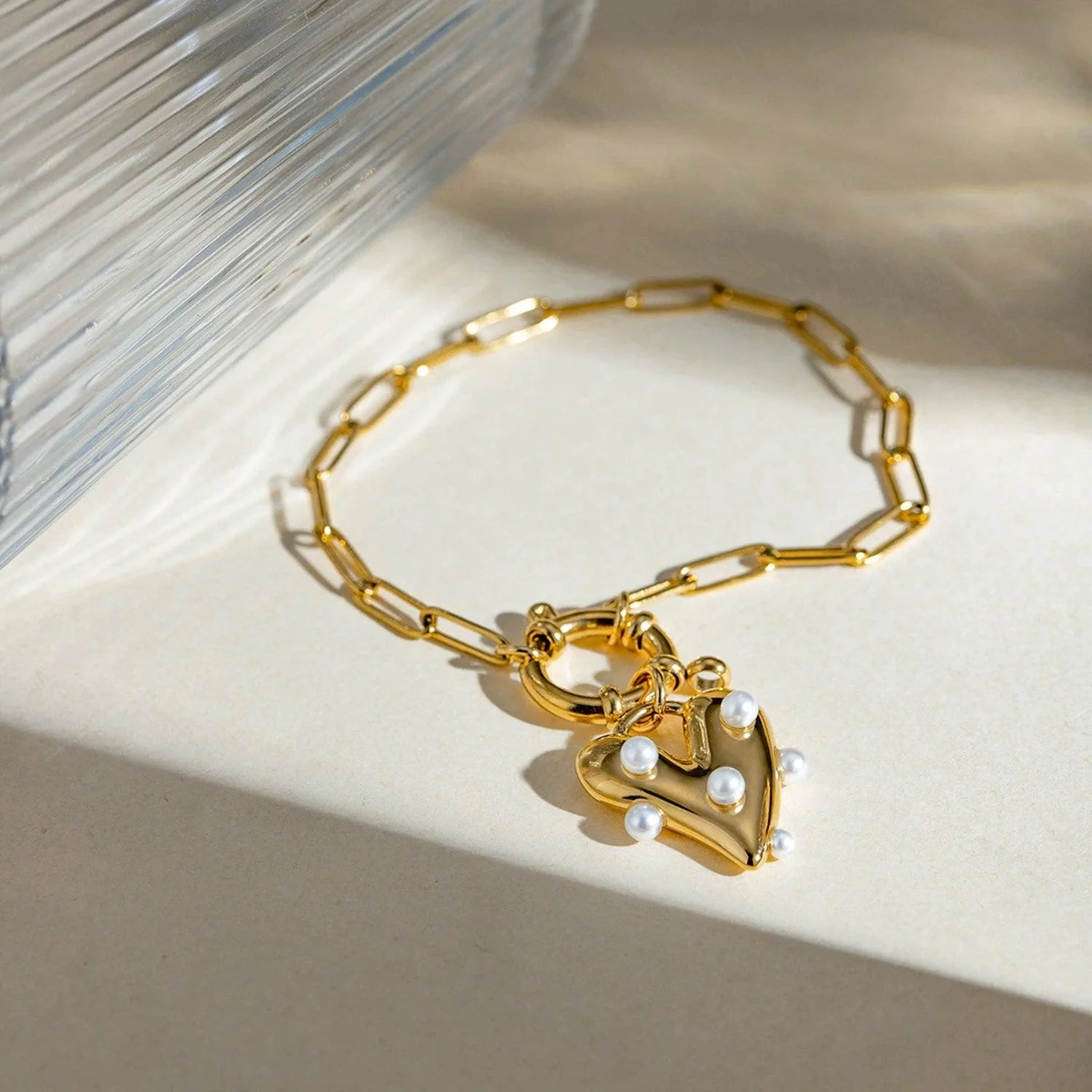 Pearl Heart Charm Chain Bracelet