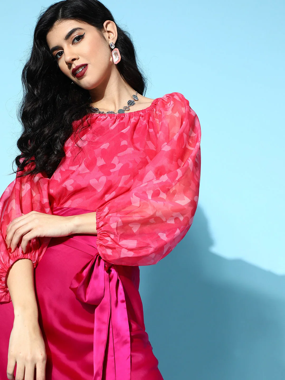 Women Pink Heart Organza Bardot Flounce Sleeve Top - Image 3