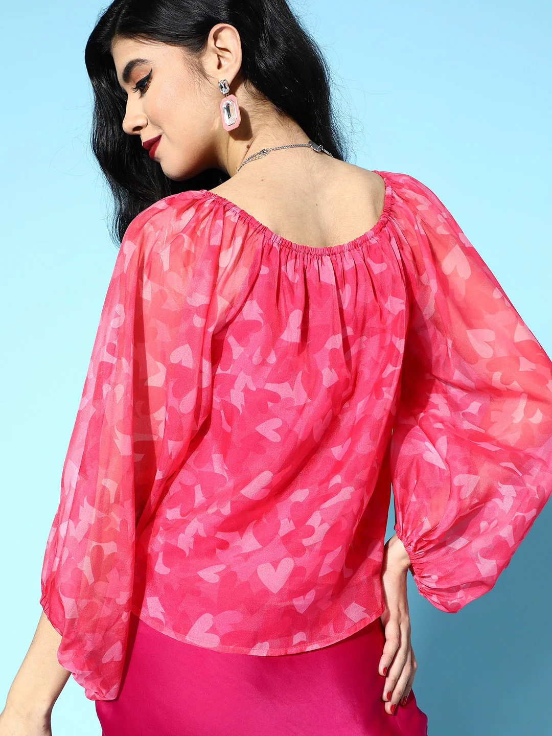 Women Pink Heart Organza Bardot Flounce Sleeve Top - Image 4