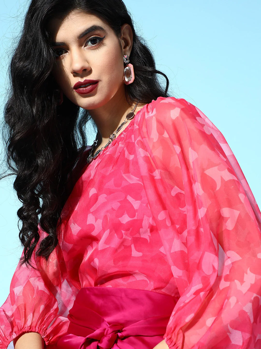 Women Pink Heart Organza Bardot Flounce Sleeve Top - Image 5