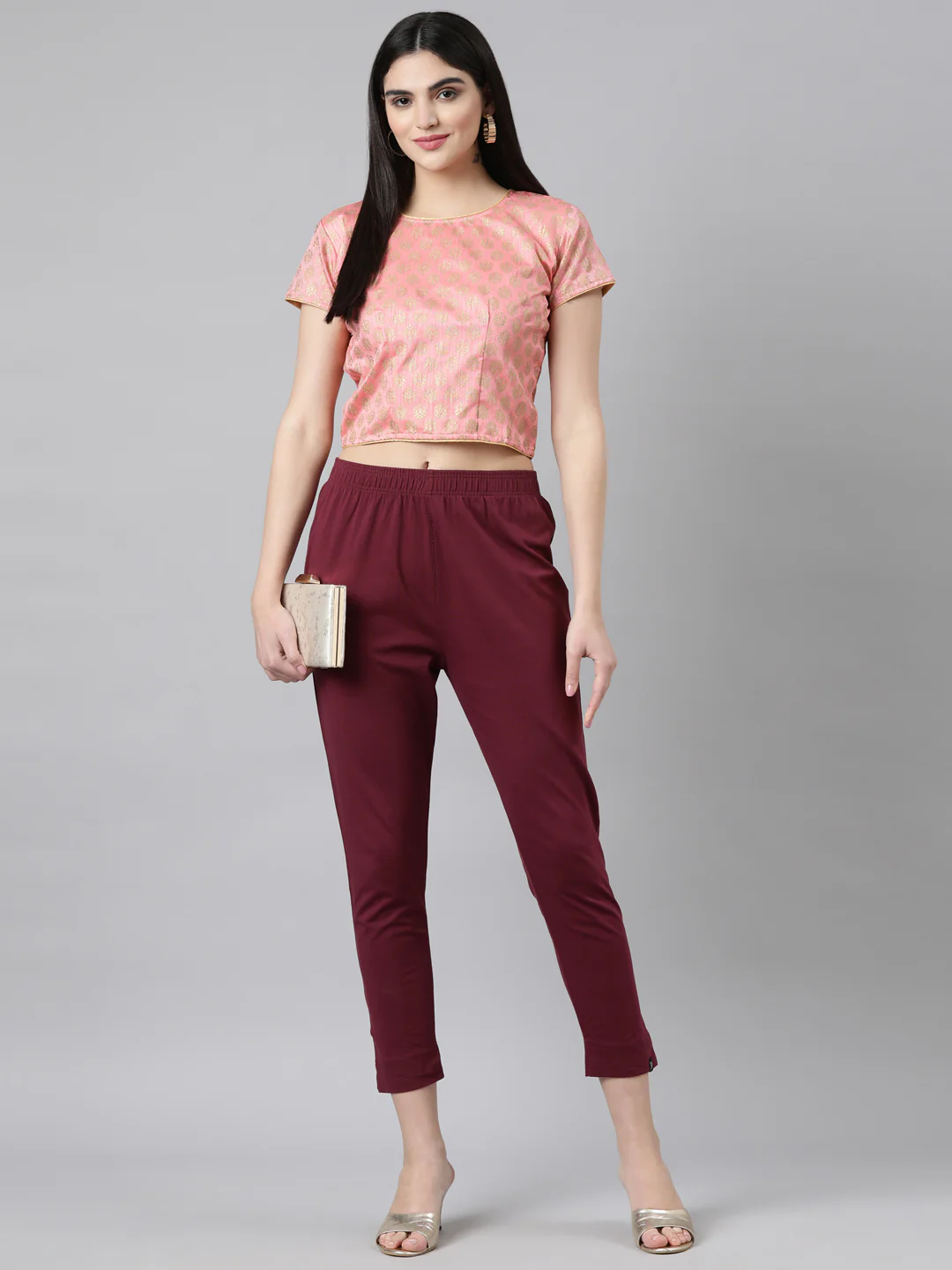 Pink Solid Short Sleeves Mandarin Collar Dupion Silk Knot Blouse - Image 2