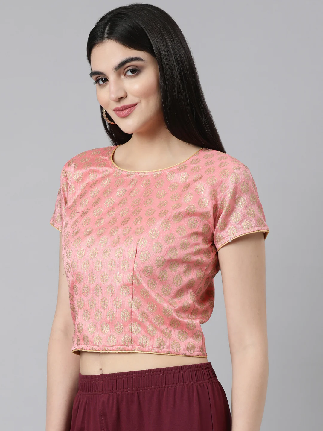 Pink Solid Short Sleeves Mandarin Collar Dupion Silk Knot Blouse - Image 3