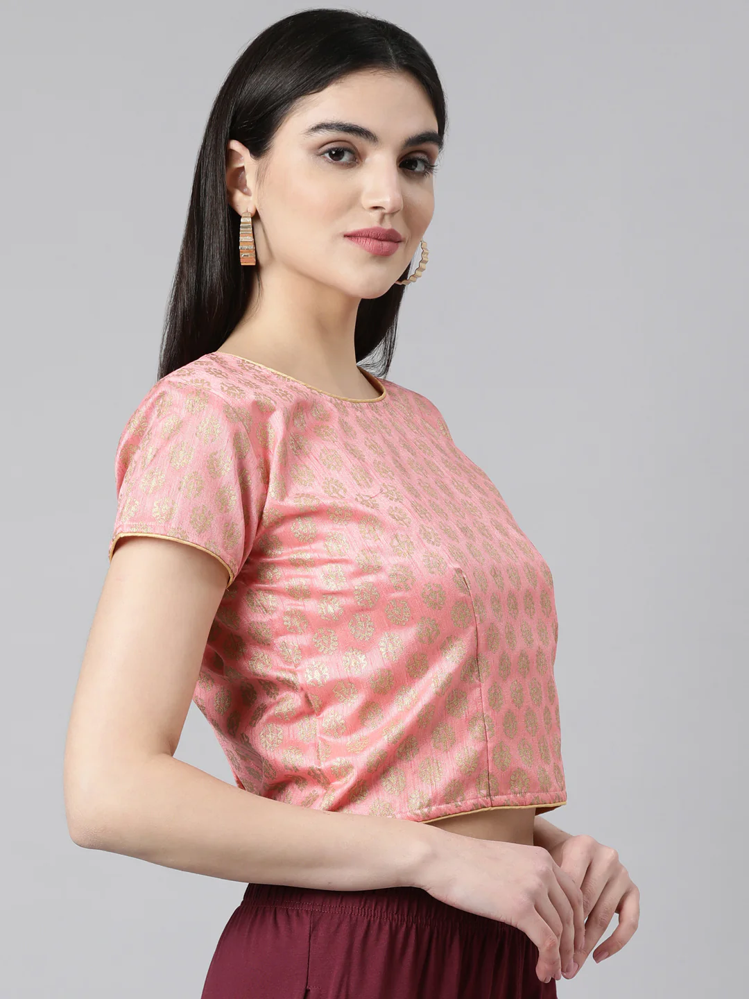 Pink Solid Short Sleeves Mandarin Collar Dupion Silk Knot Blouse - Image 4