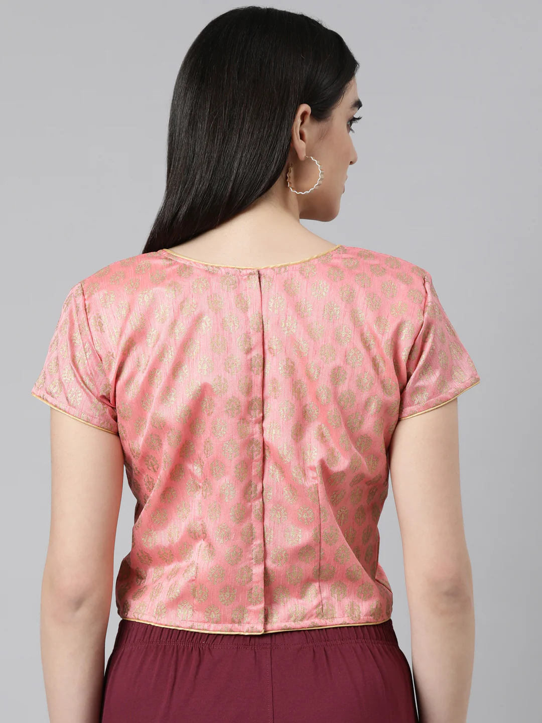 Pink Solid Short Sleeves Mandarin Collar Dupion Silk Knot Blouse - Image 5