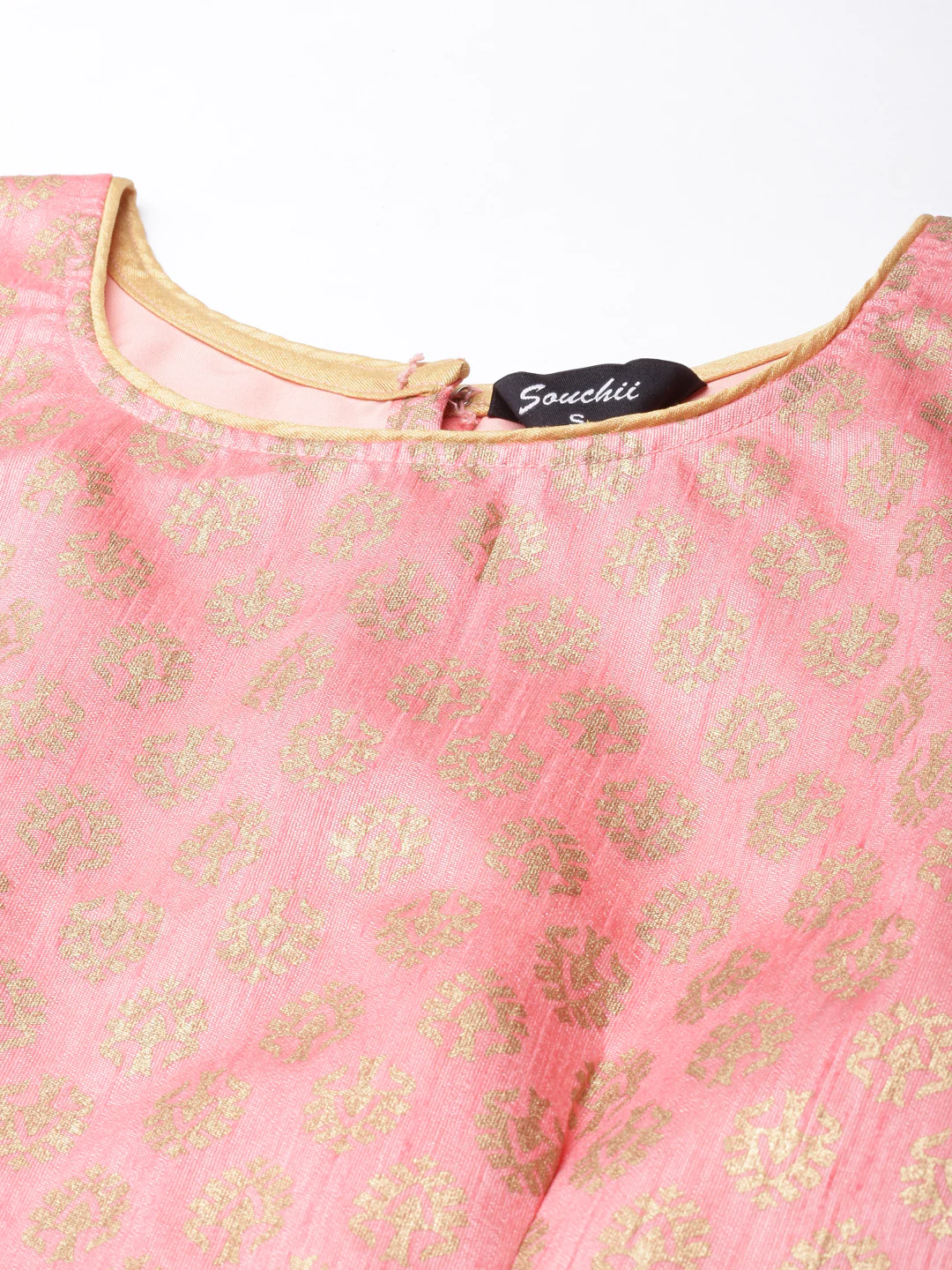 Pink Solid Short Sleeves Mandarin Collar Dupion Silk Knot Blouse - Image 7