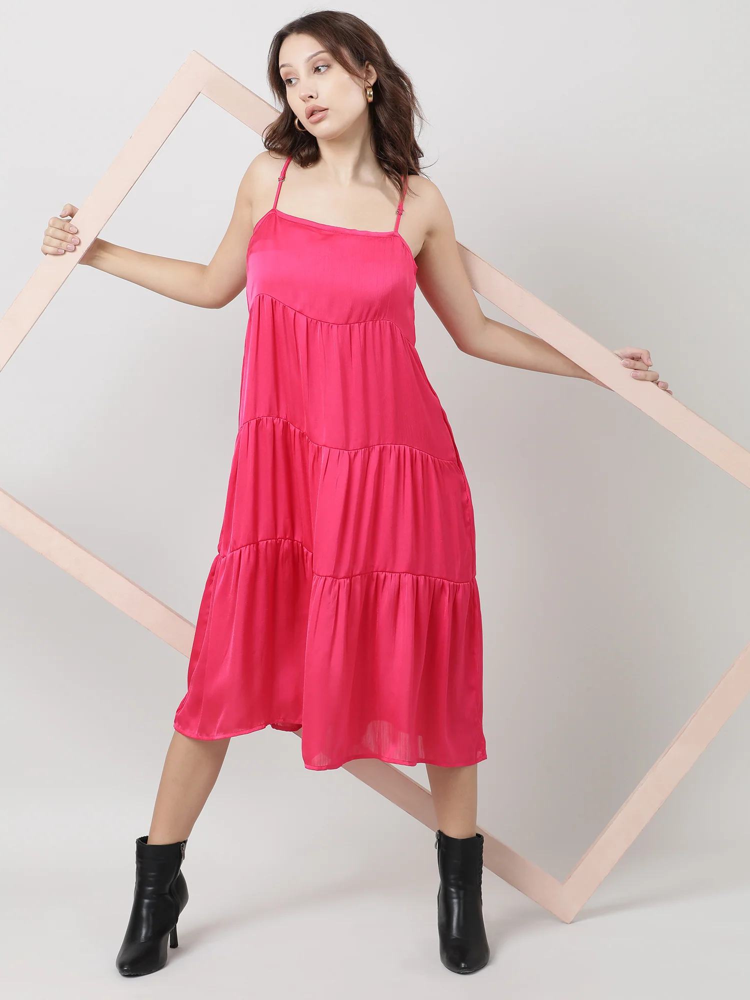 Women Pink Strappy A-Line Midi Dress - Image 7