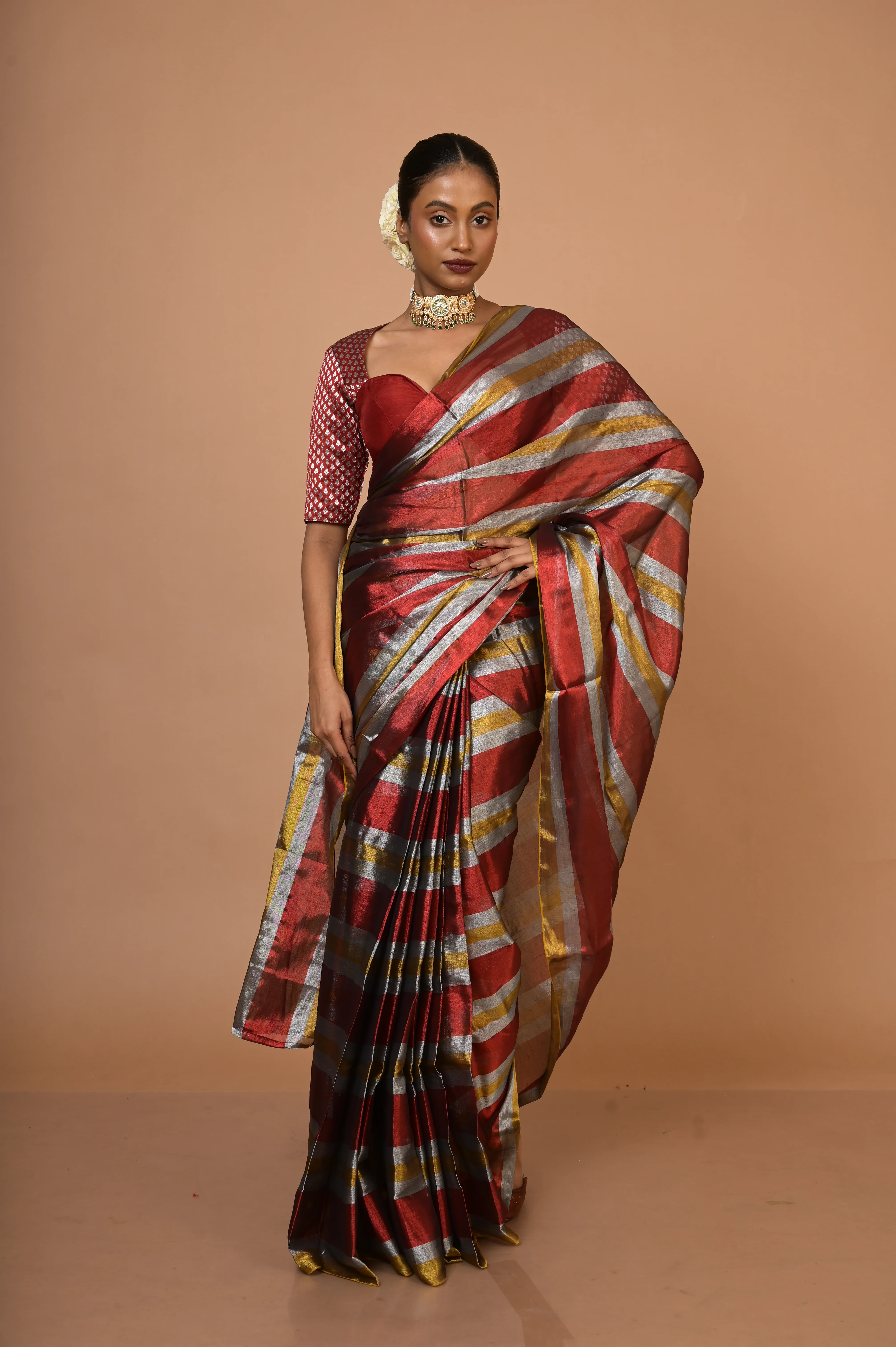 Prathamika Multicolour Striped Handloom Tissue Saree - Image 2