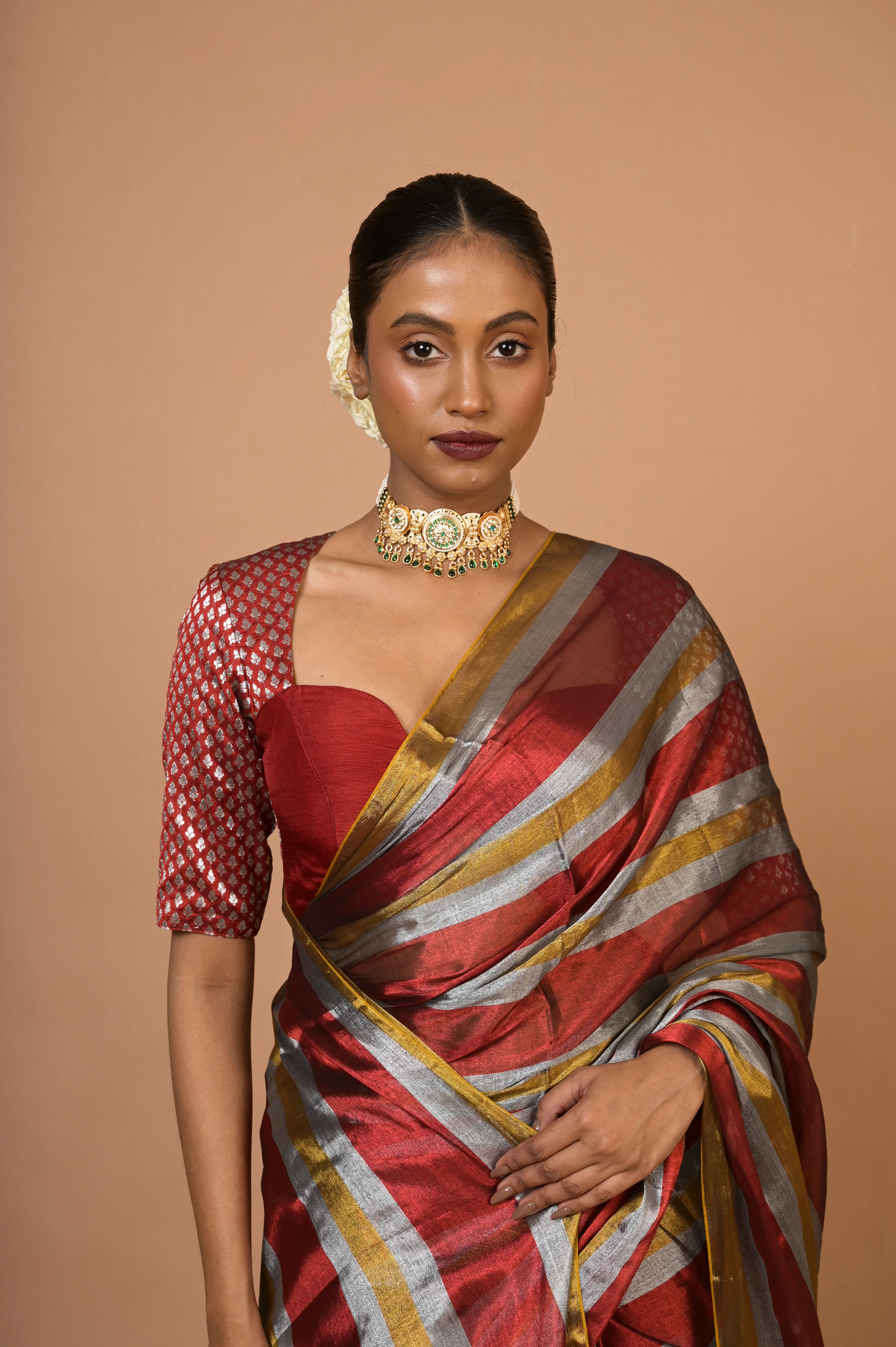 Prathamika Multicolour Striped Handloom Tissue Saree - Image 4